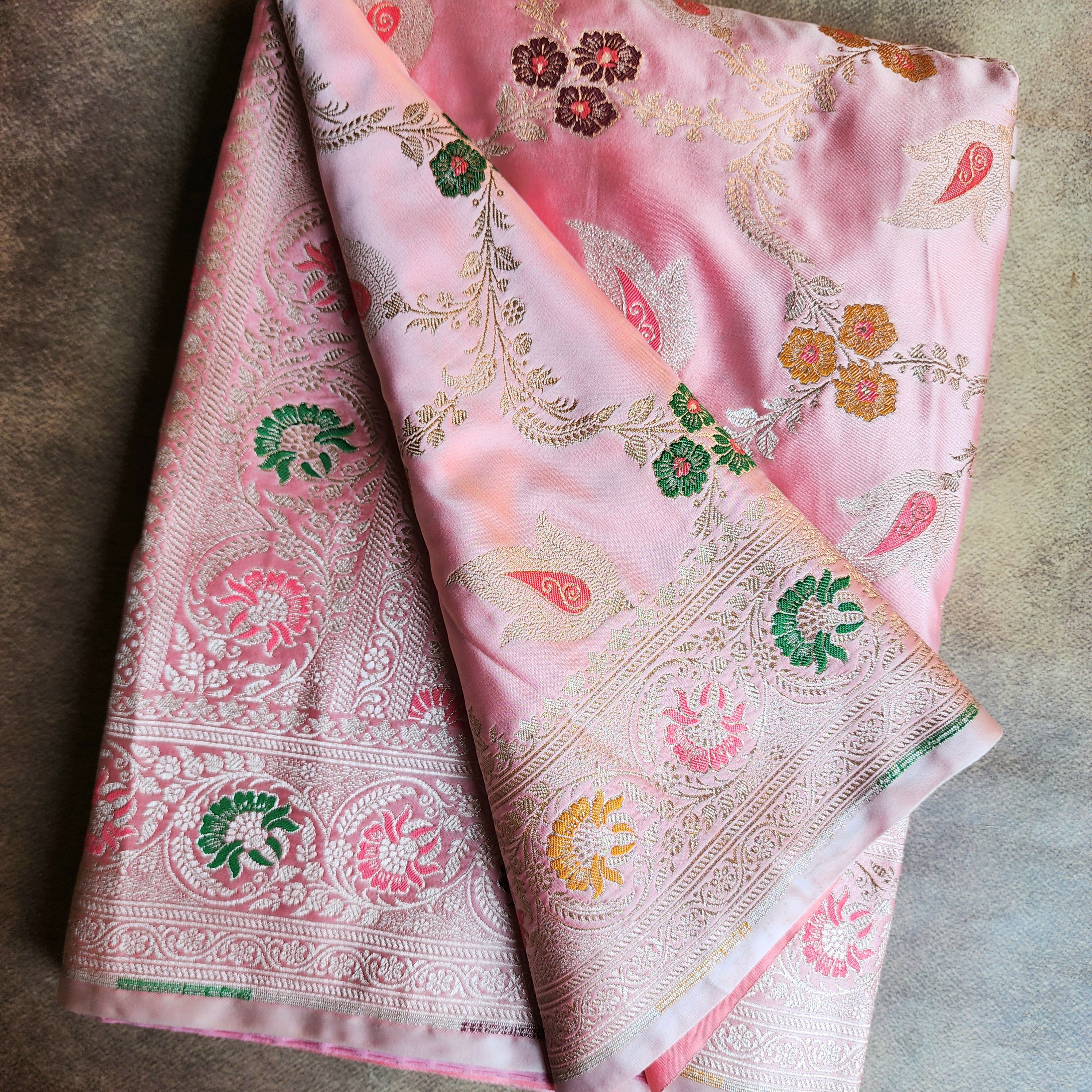 Enriched Blush Pink Banarasi Katan Silk Saree with Multicolor Meenakari Floral Jaal