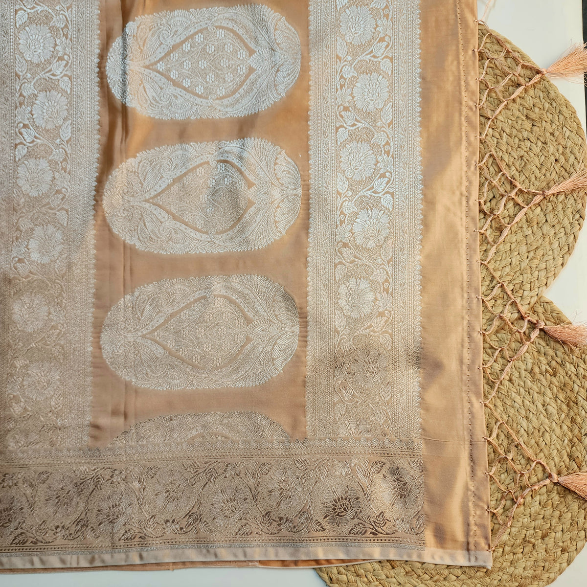 Peach Beige Banarasi Katan Silk Saree with Floral Vine Jaal