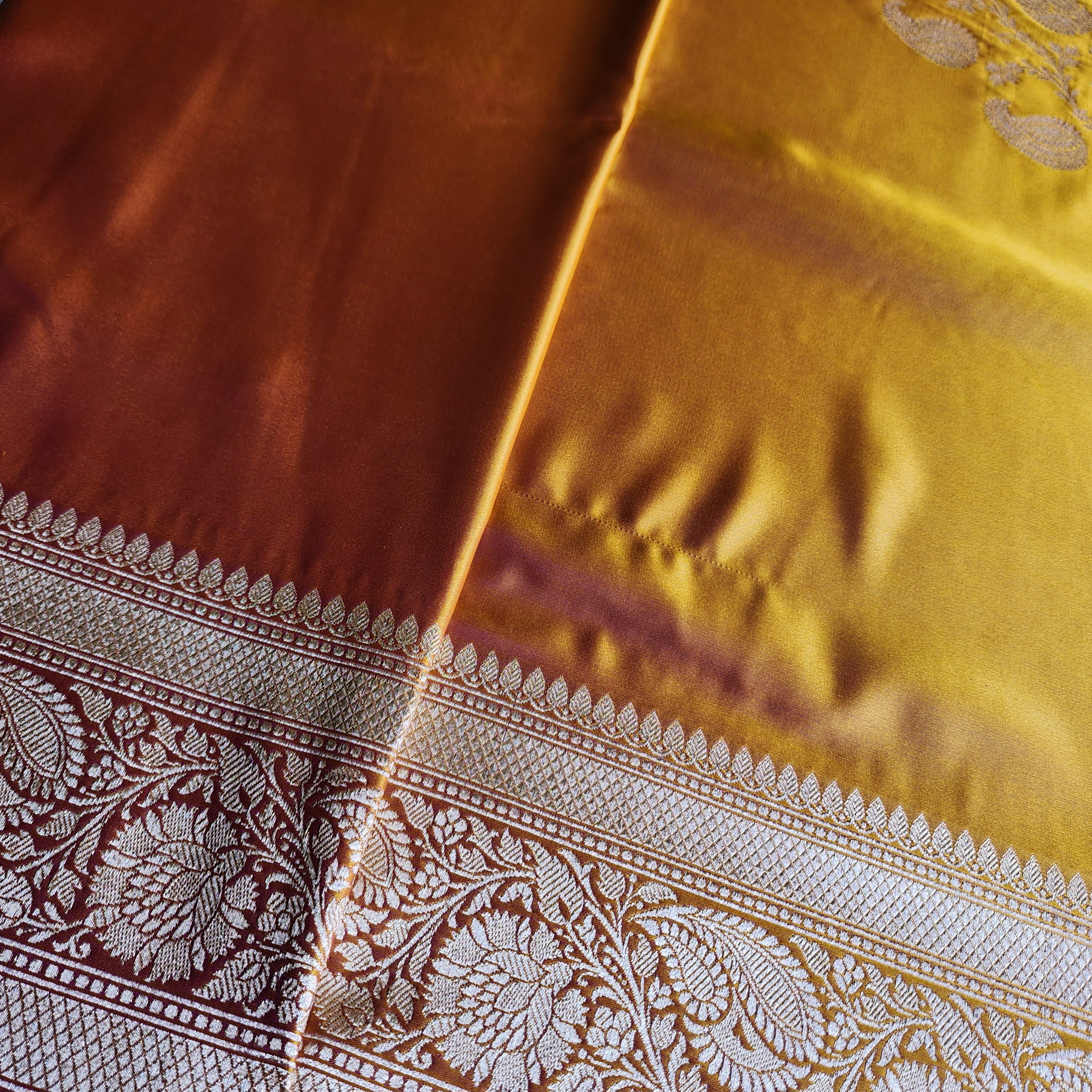 Rich Marigold Yellow Pure Banarasi Katan Silk Saree with light Gold Zari Weaving