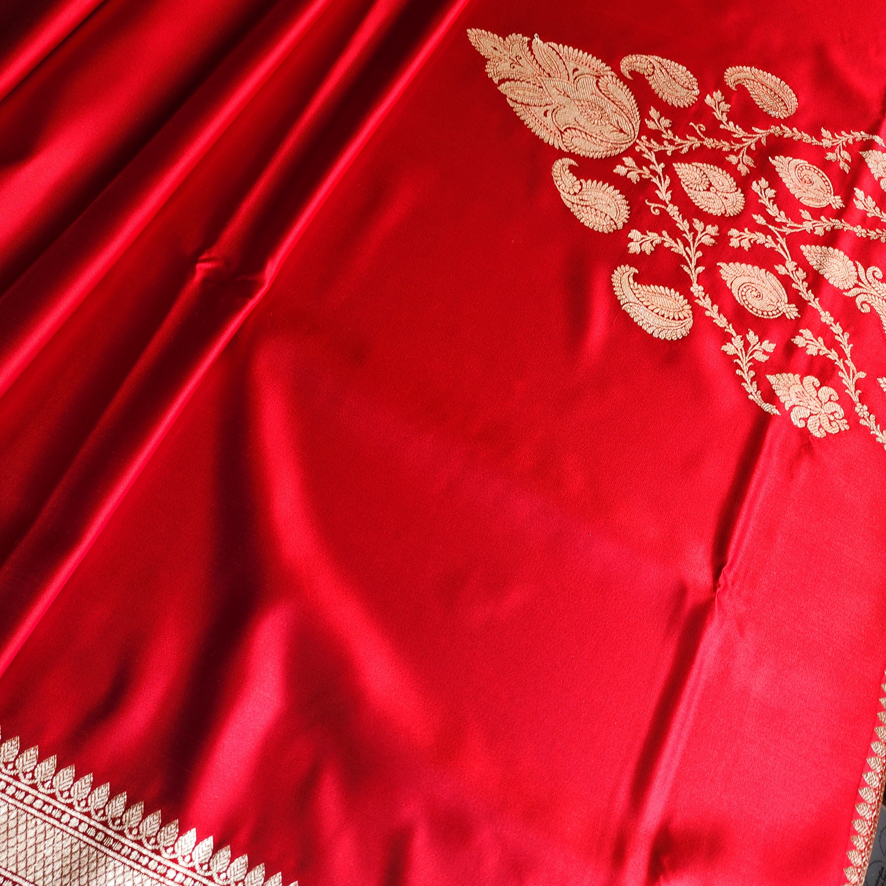 Rich Ruby Red Pure Banarasi Katan Silk Saree with light Gold Zari Weaving