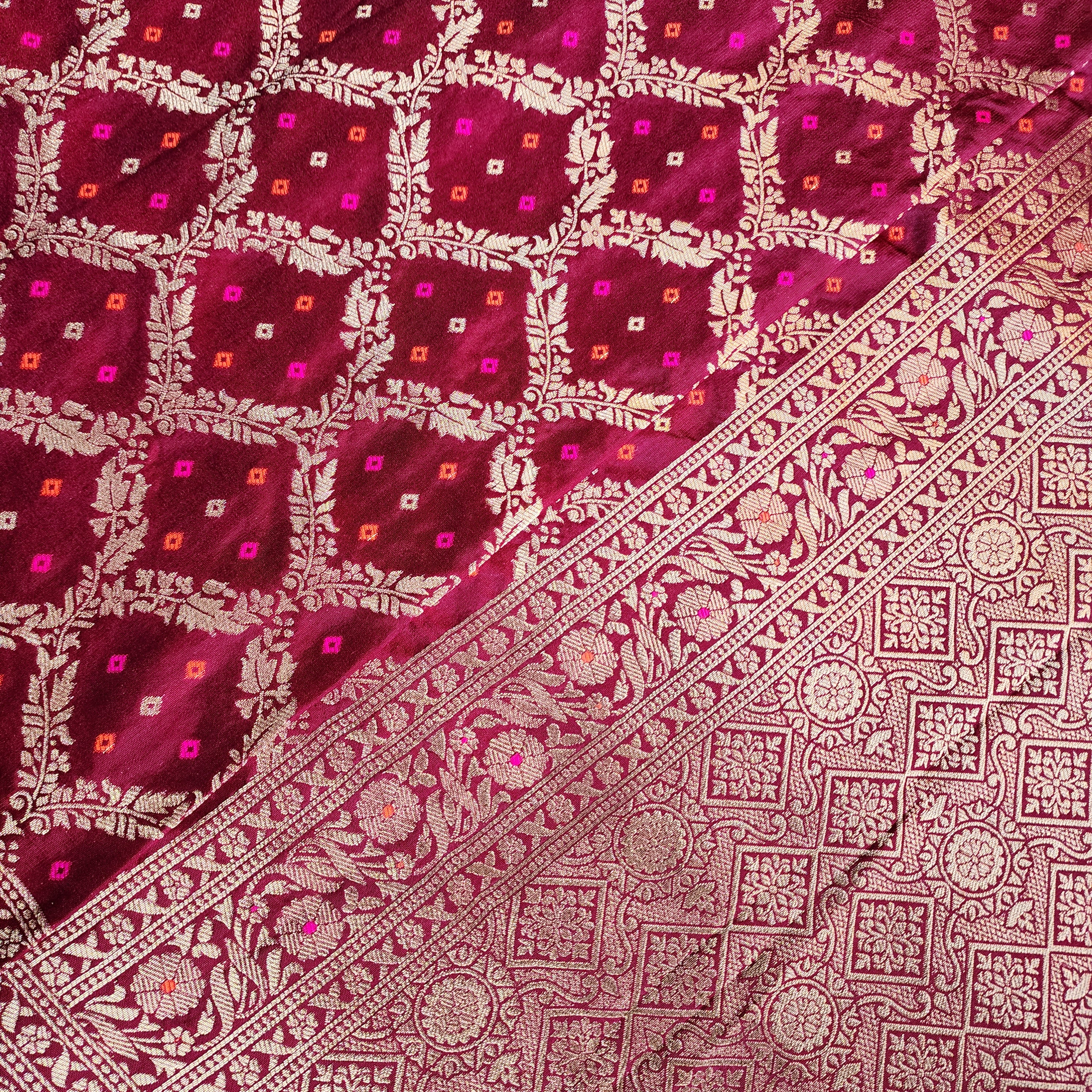 Wine Bandhani Dupatta with Traditional Jaal