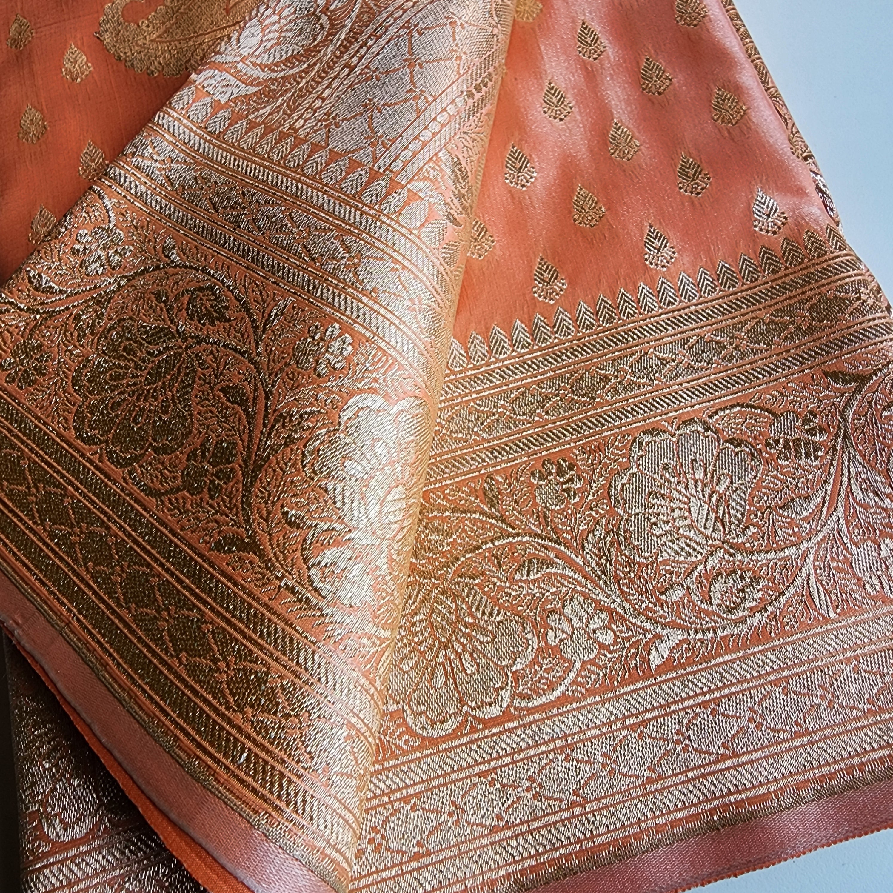 Rich Burnt Orange Banarasi Silk Saree with Gold Zari Weaving