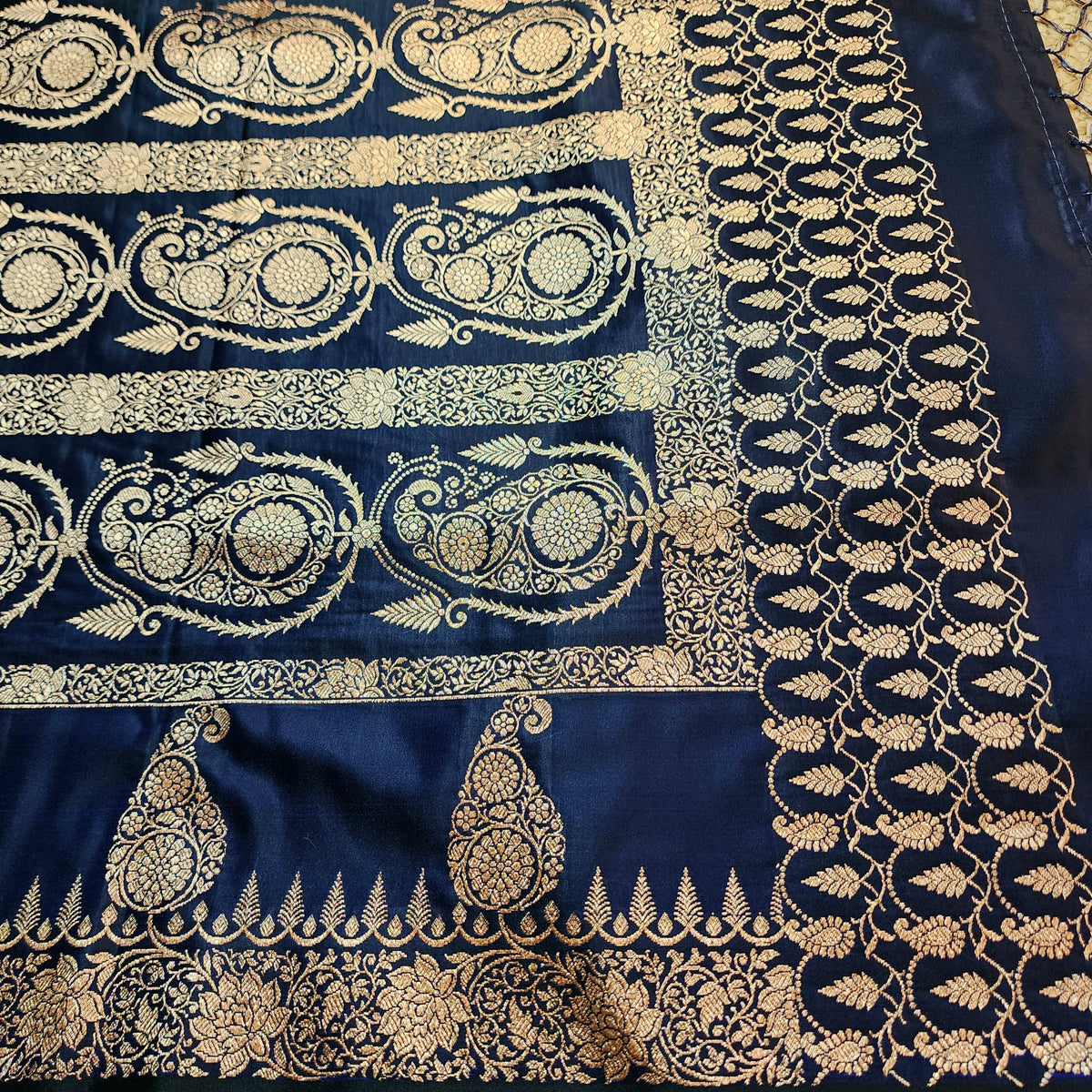 Navy Blue Paisley Katan Silk Saree with Gold Zari