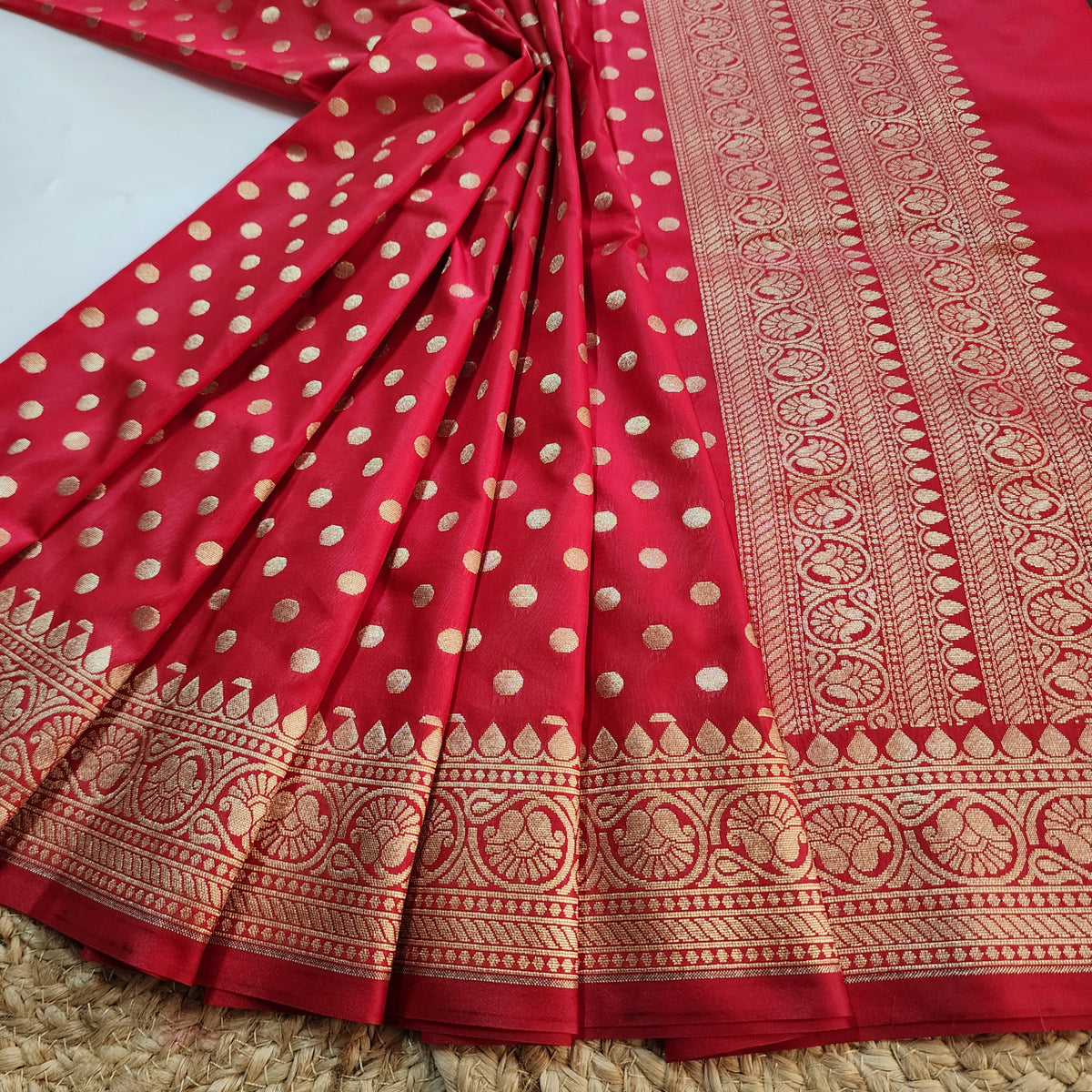 Classic Red Banarasi Silk Dupatta with Gold Polka Dot