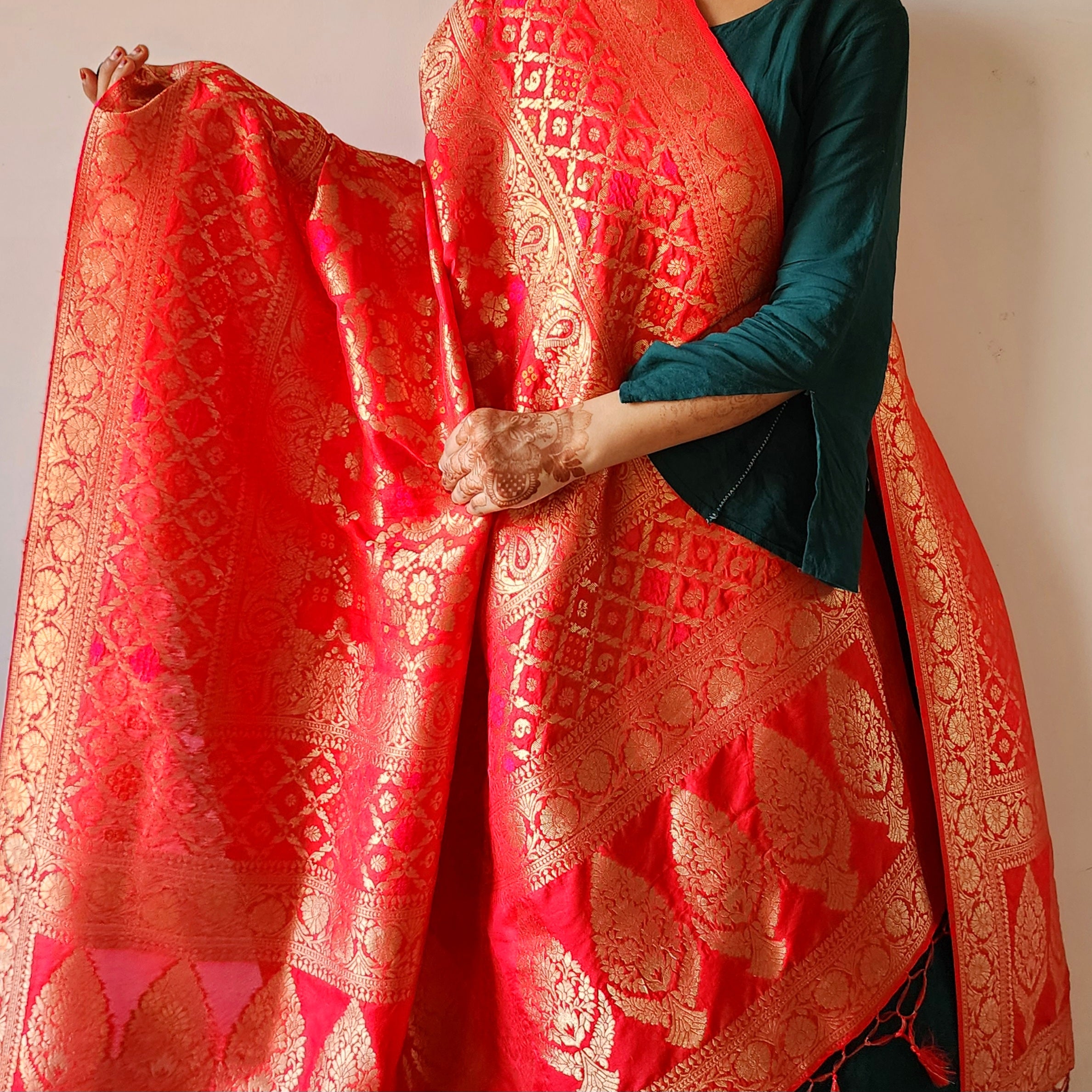 Deep Ruby Red Bandhani Dupatta with Floral and Geometric Zari Weave