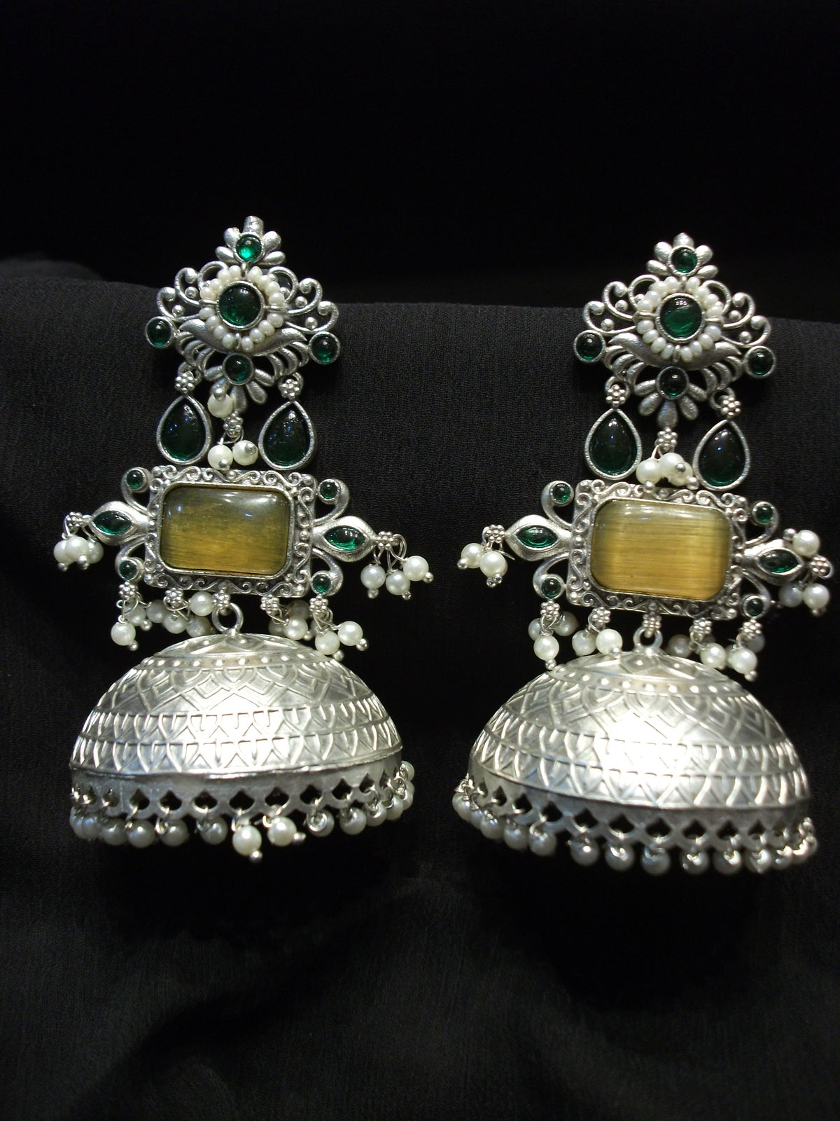 Antique Rectangular Yellow Cabochon Jhumka Earrings