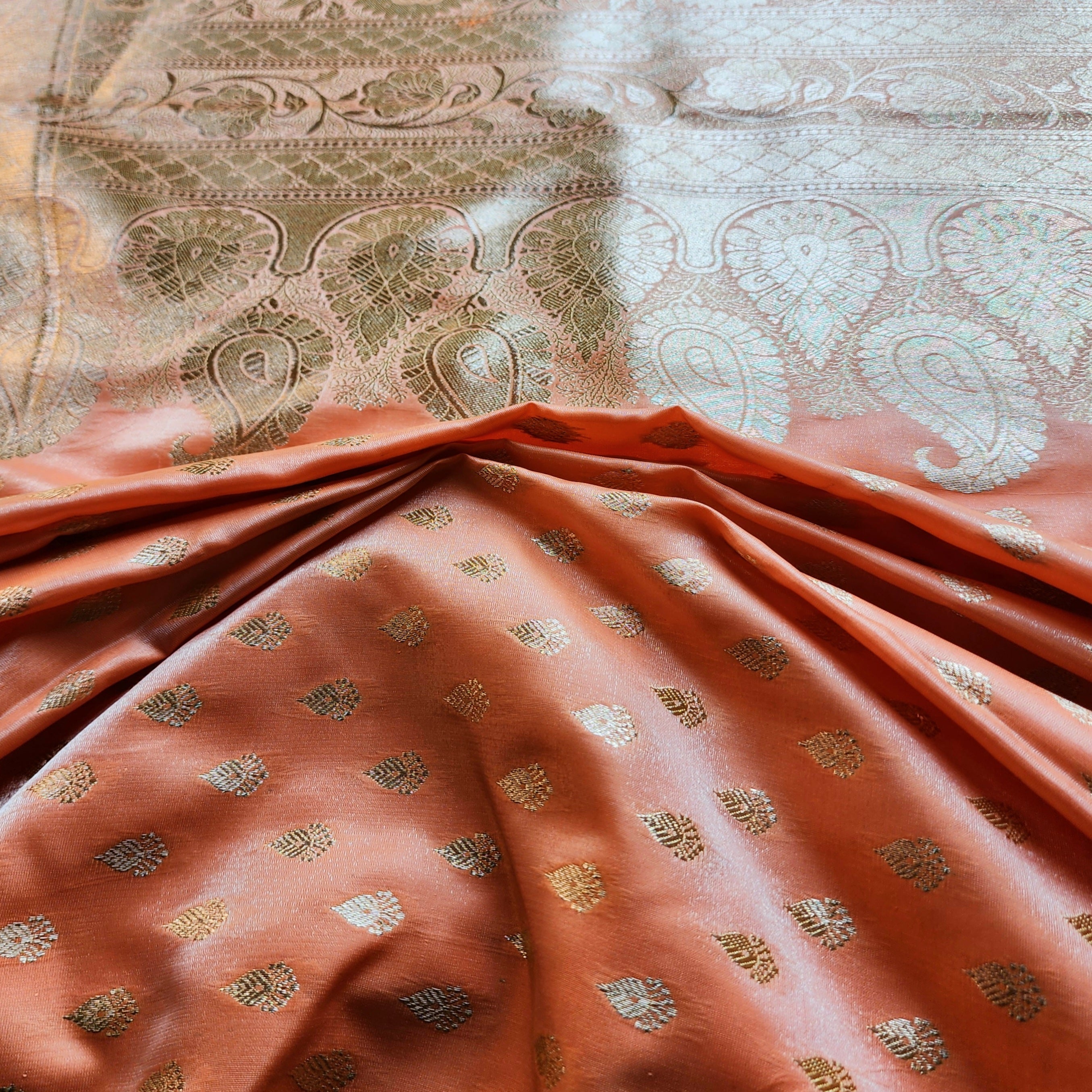 Rich Burnt Orange Banarasi Silk Saree with Gold Zari Weaving