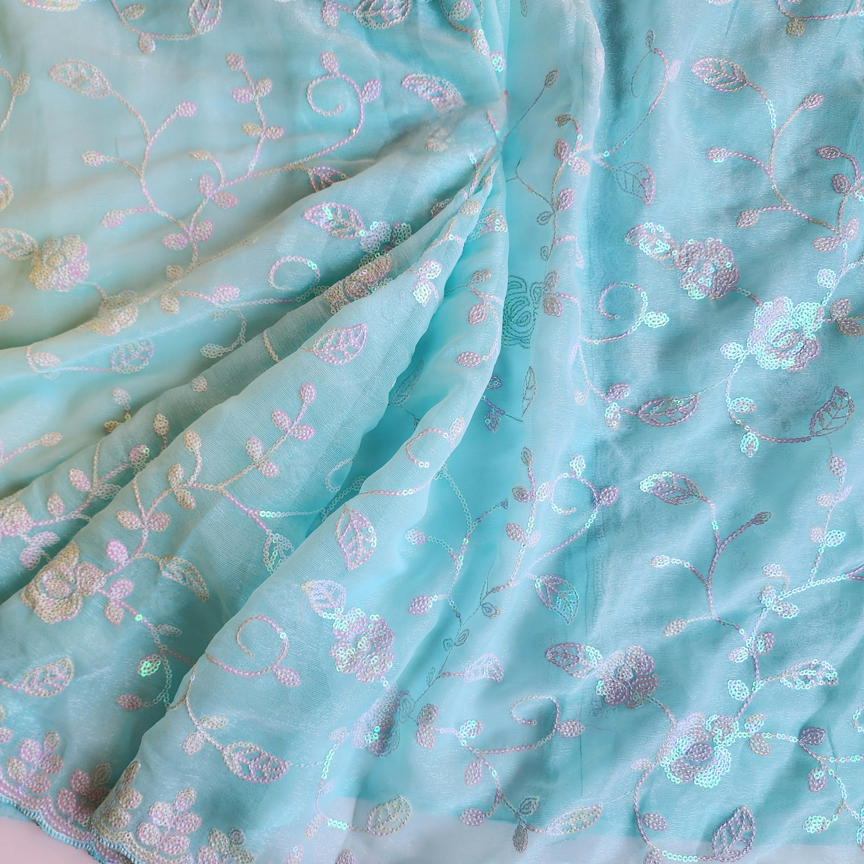 Georgette Designer Sequinned Saree - Mint Aqua