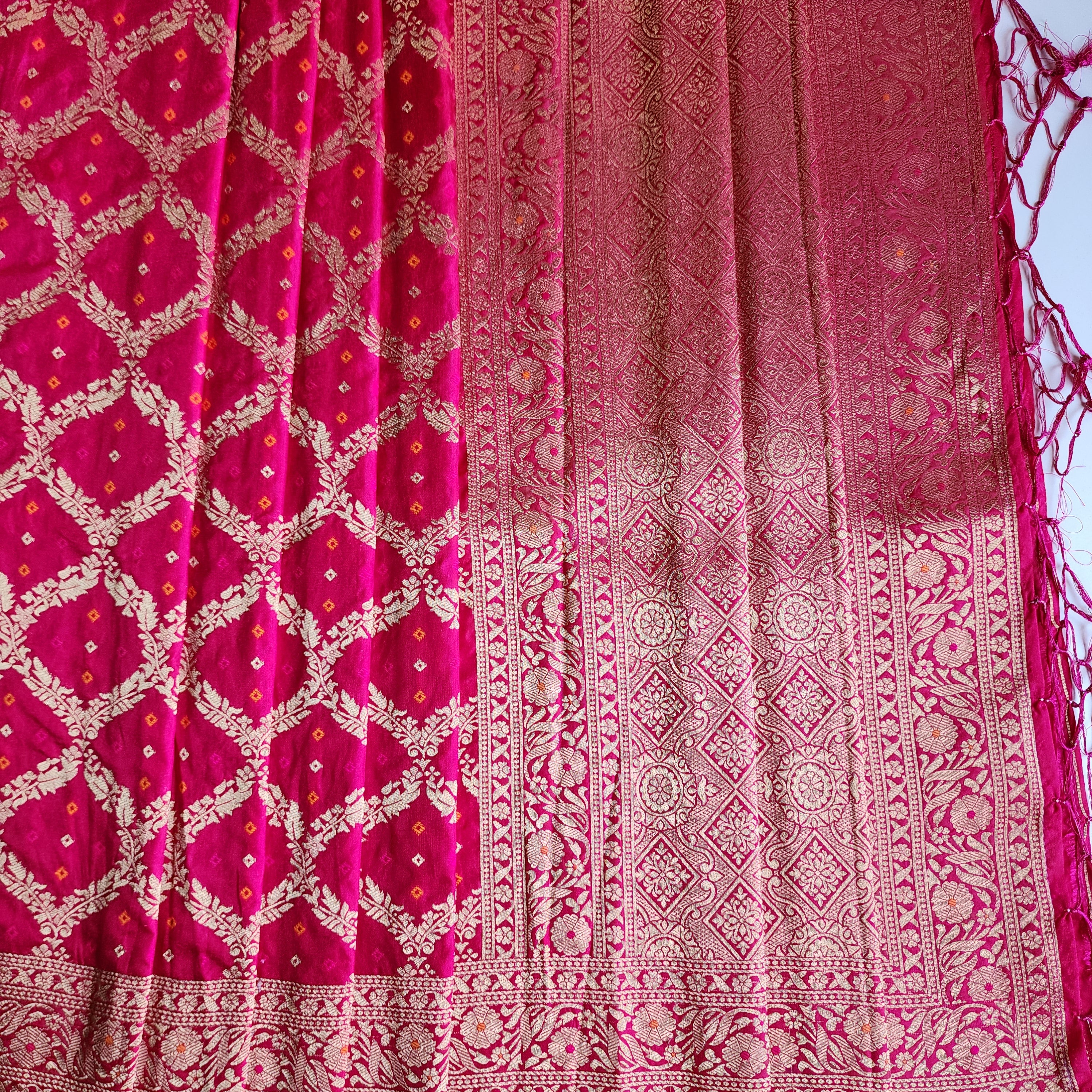 Deep Magenta Bandhani Dupatta with Traditional Jaal