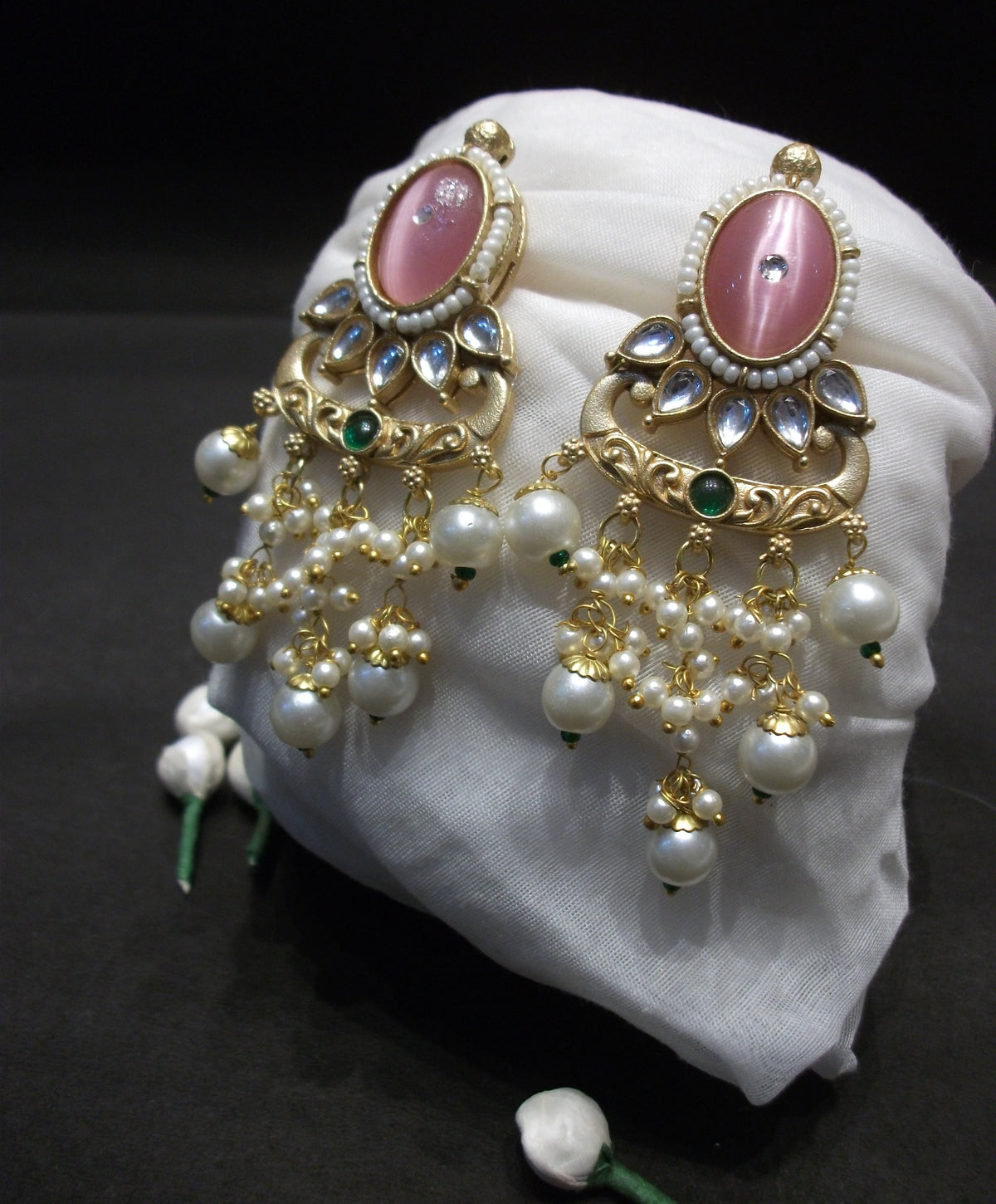 Royal Gold-Finish Oval Pink Cabochon Earrings