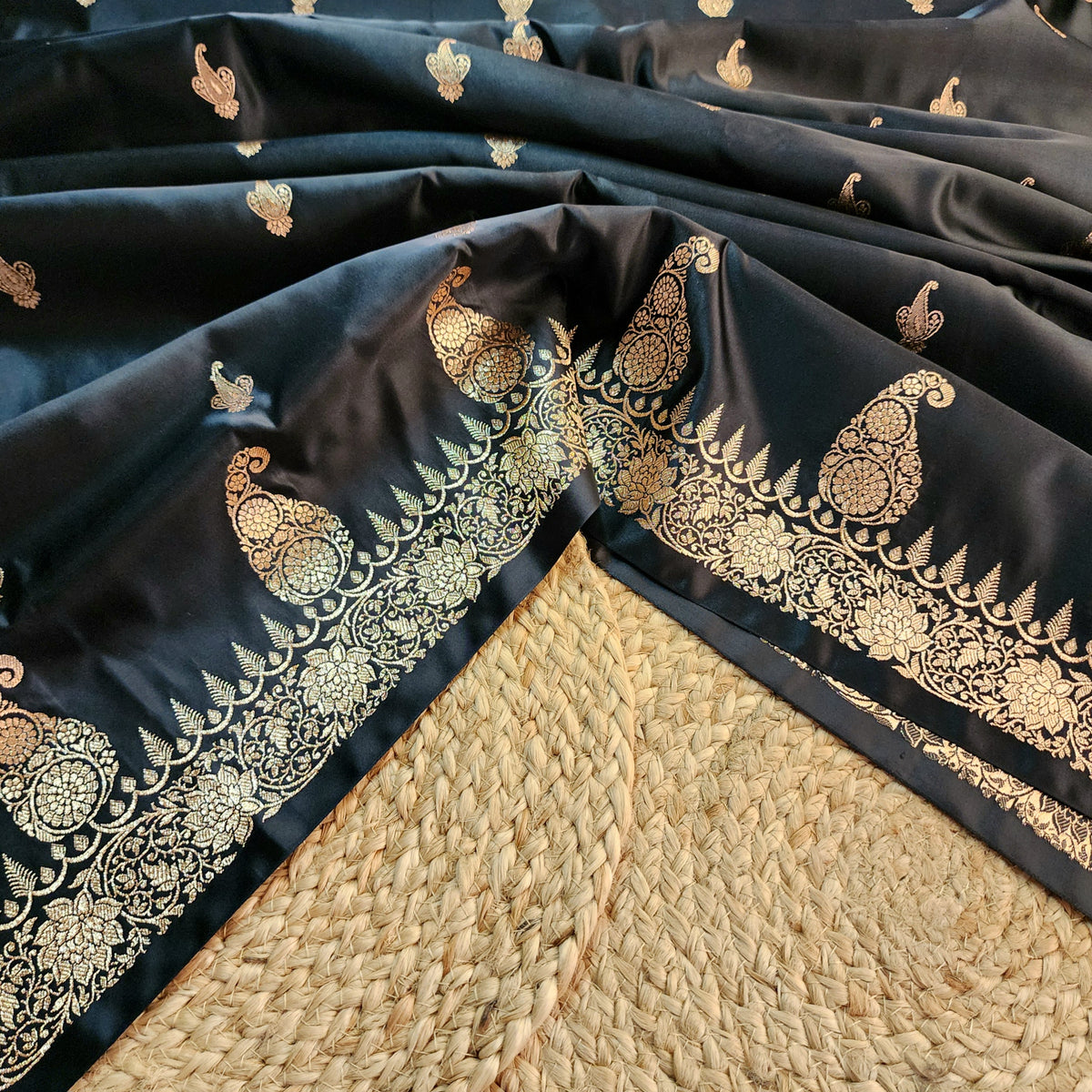 Black Paisley Katan Silk Saree with Gold Zari