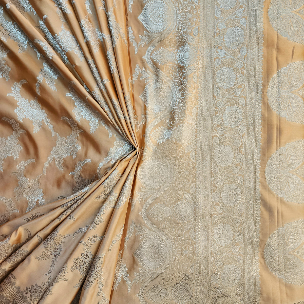 Peach Beige Banarasi Katan Silk Saree with Floral Vine Jaal