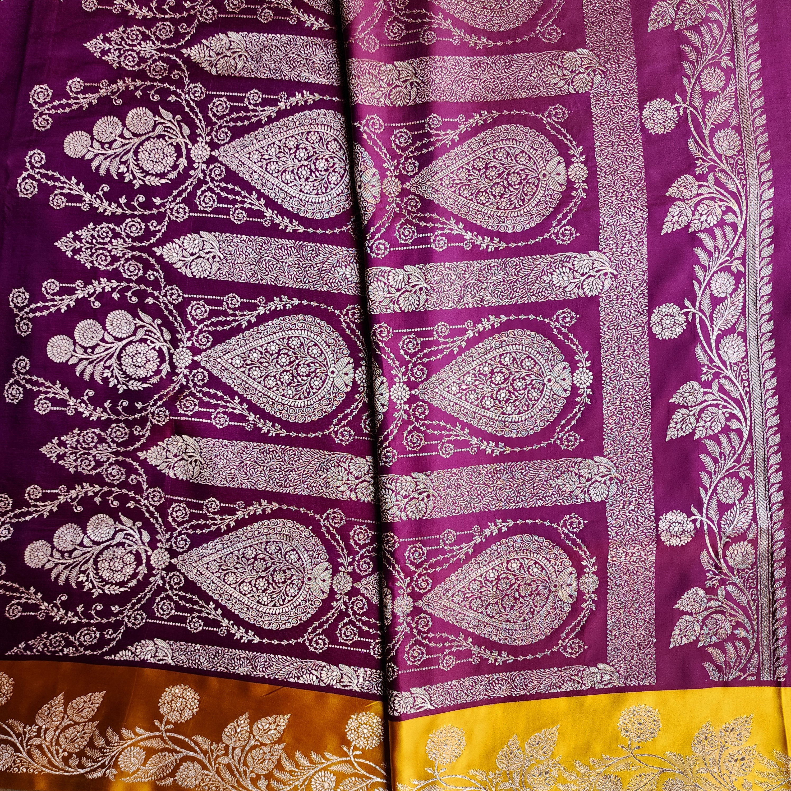 Wine Maroon Pure Banarasi Katan Silk Saree with Mustard Yellow Border