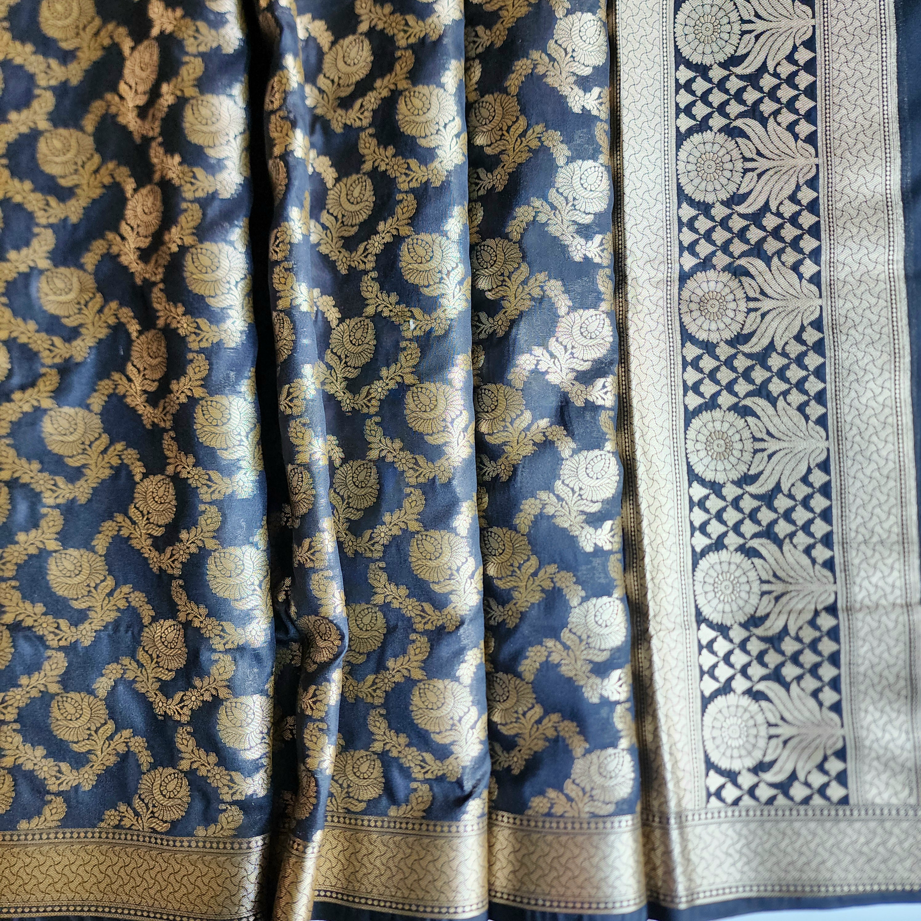 Black Floral Jaal Dupatta with Mughal-Inspired Zari Border