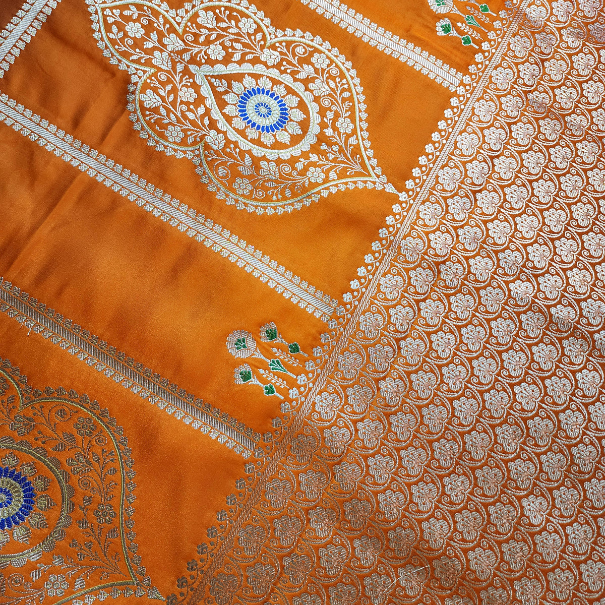 Orange Banarasi Katan Silk Saree with Multicolor Meenakari