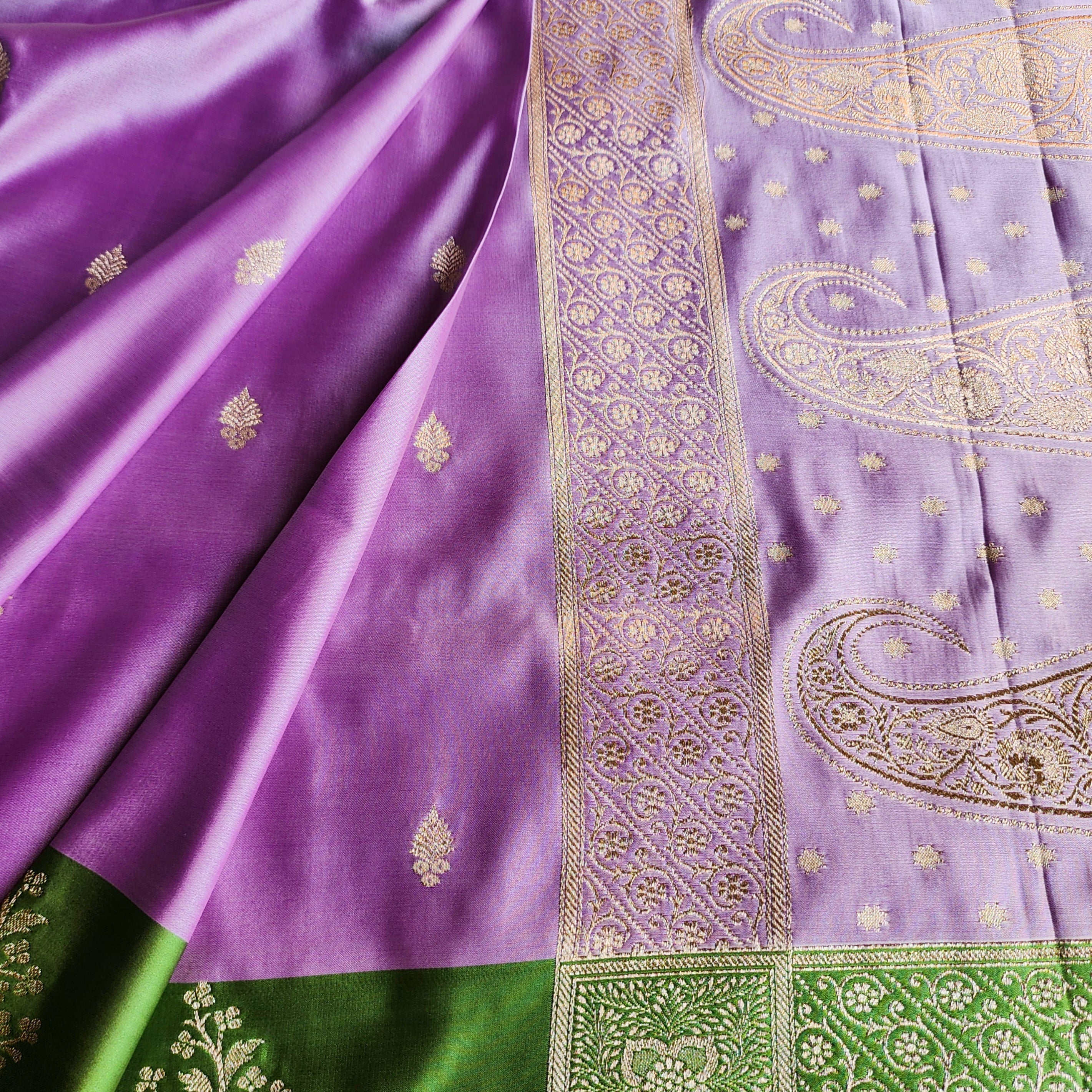 Lavender Katan Silk Saree with Parrot Green Gold Zari Border