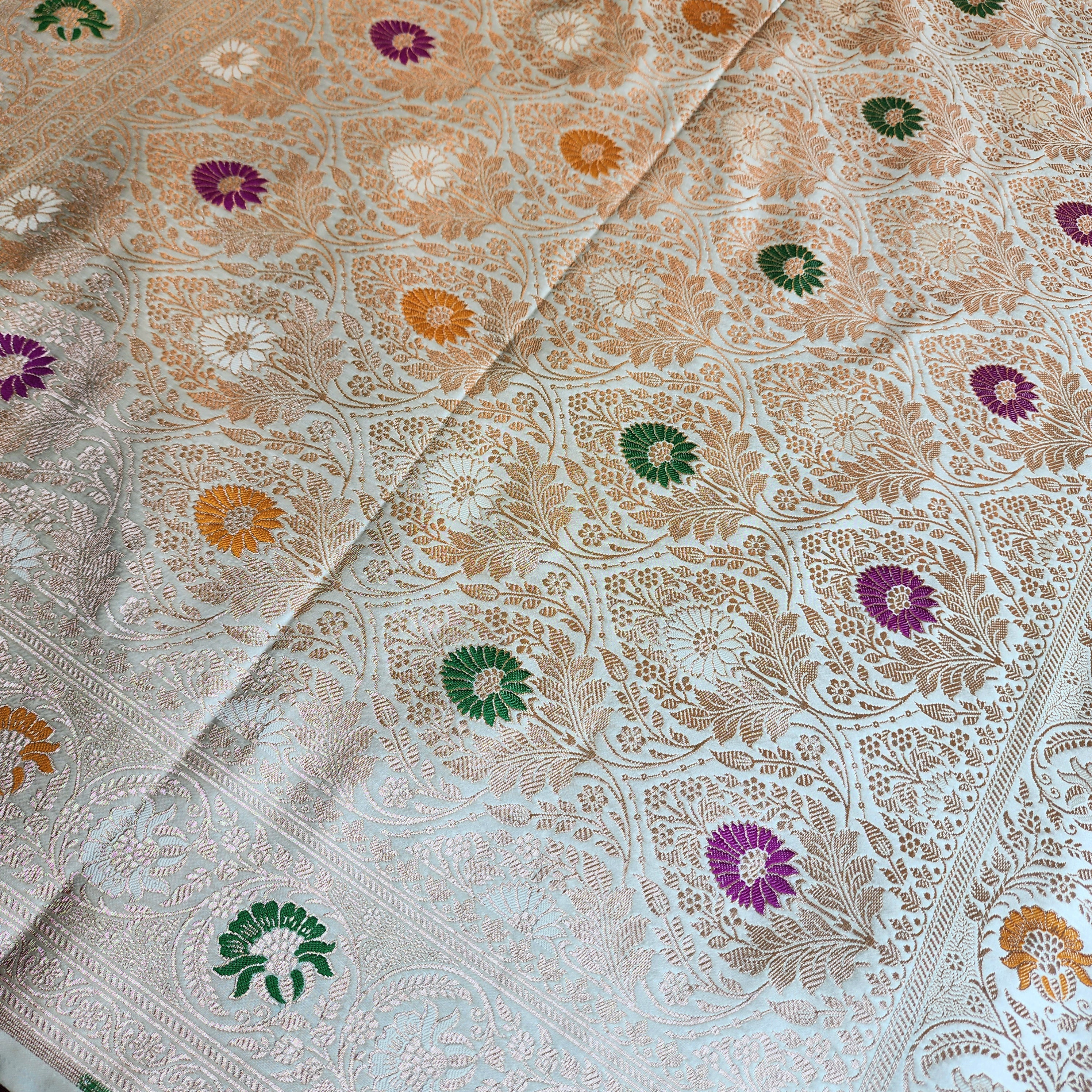 Enriched White Banarasi Katan Silk Saree with Multicolor Meenakari Floral Jaal