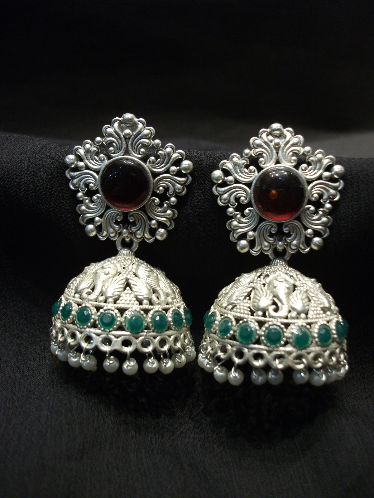 Silver Ornate Red Stud & Green Beaded Jhumka Earrings