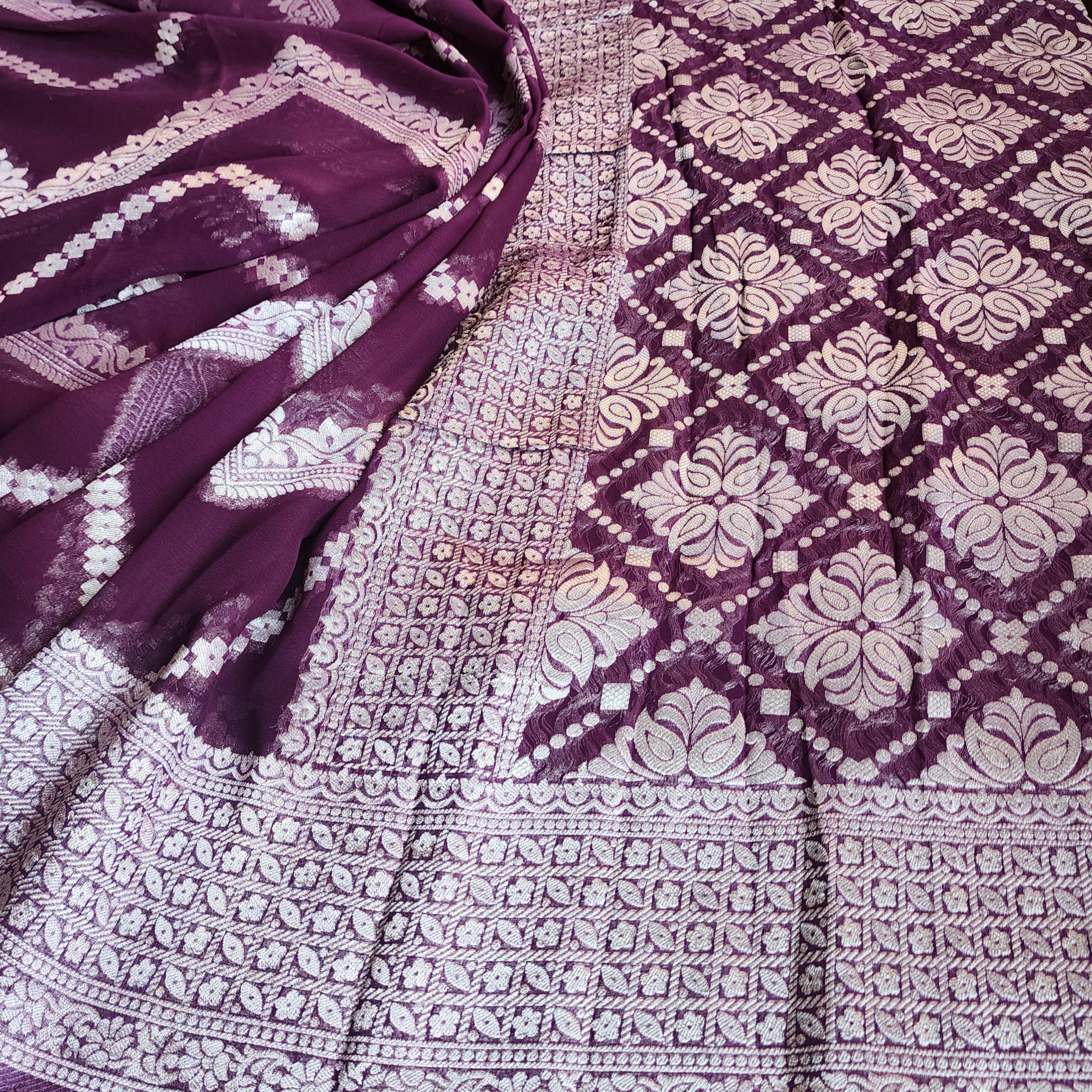 Dark Purple Khaddi Georgette Pure Banarasi Saree with Silver Zari