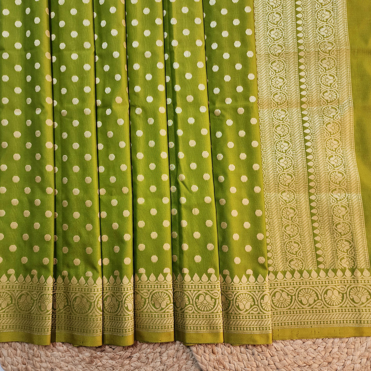 Olive Green Banarasi Silk Dupatta with Gold Polka Dot