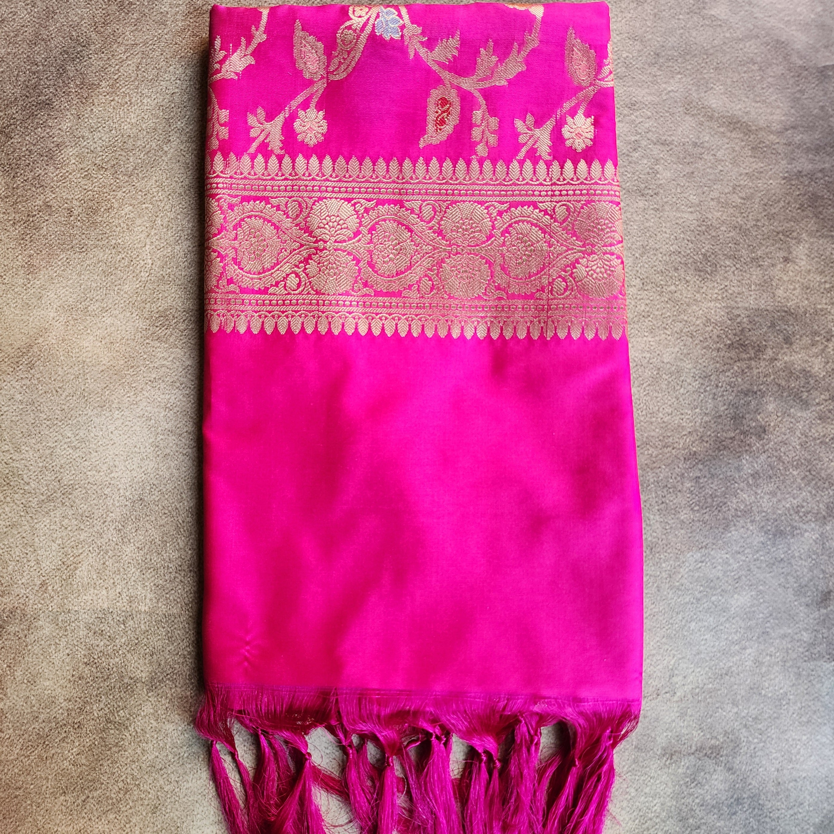 Hot Pink Banarasi Silk Dupatta with Gold Zari Border & Multicolor Meenakari Work