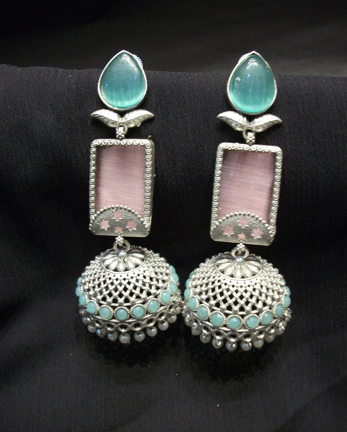 Teardrop Aqua and Blush Pink Long Earrings