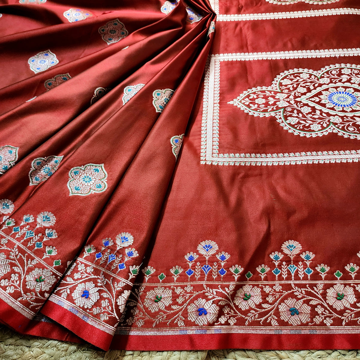 Red Banarasi Katan Silk Saree with Multicolor Meenakari Floral Jaal