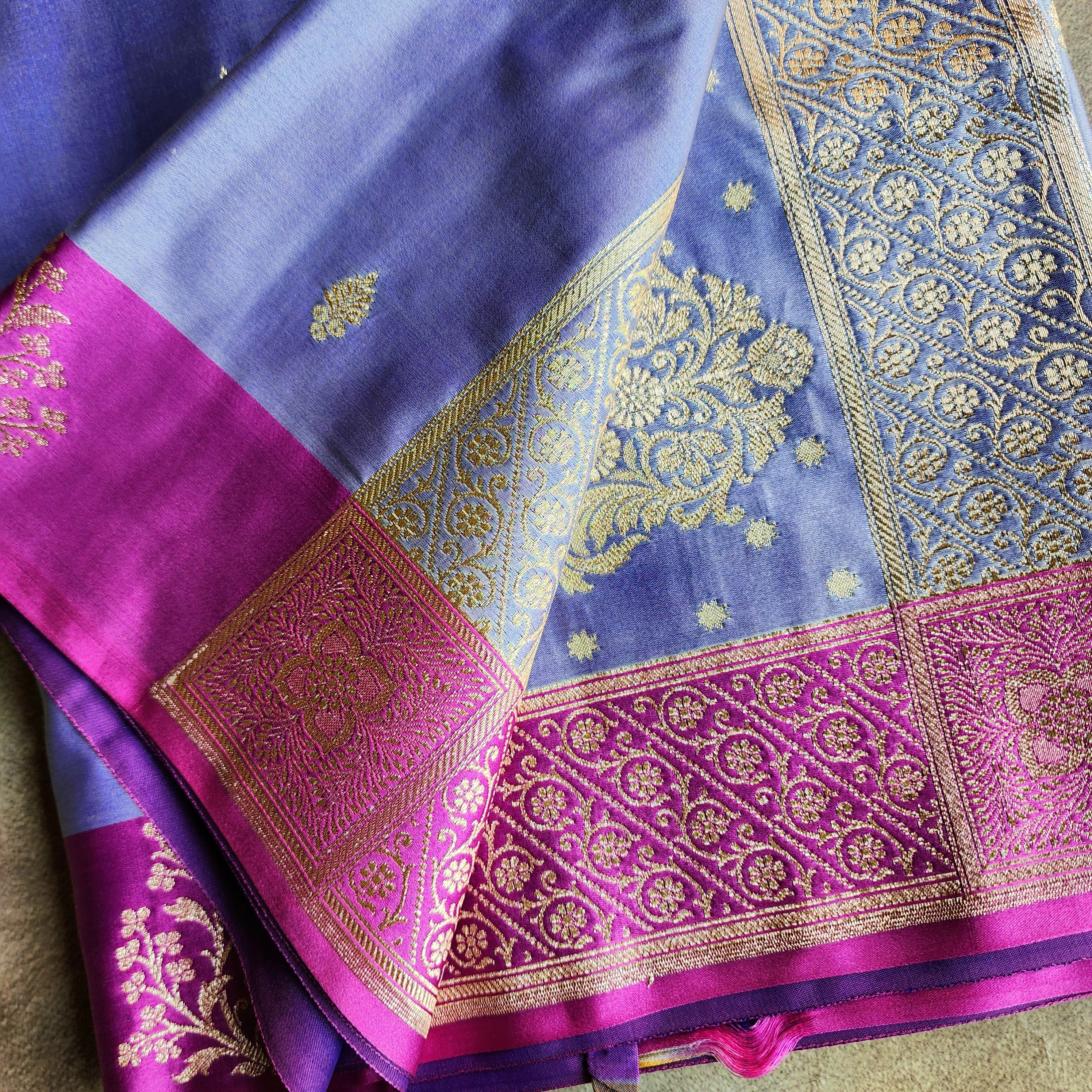 Pastel Purple Katan Silk Saree with Magenta Gold Zari Border