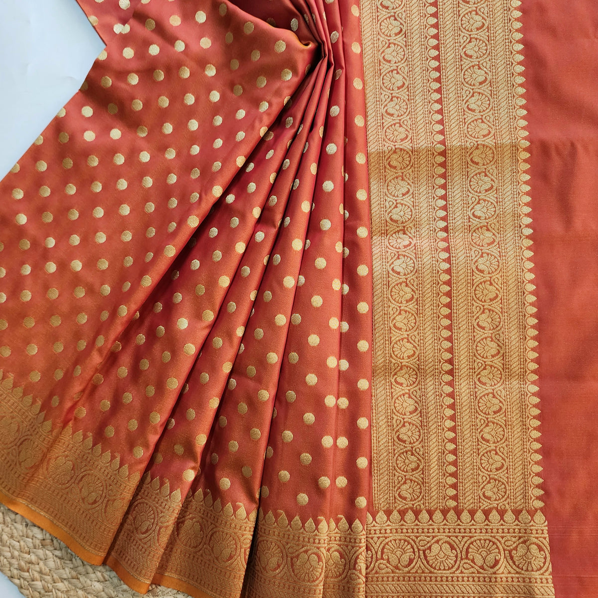 Peach Orange Banarasi Silk Dupatta with Gold Polka Dot