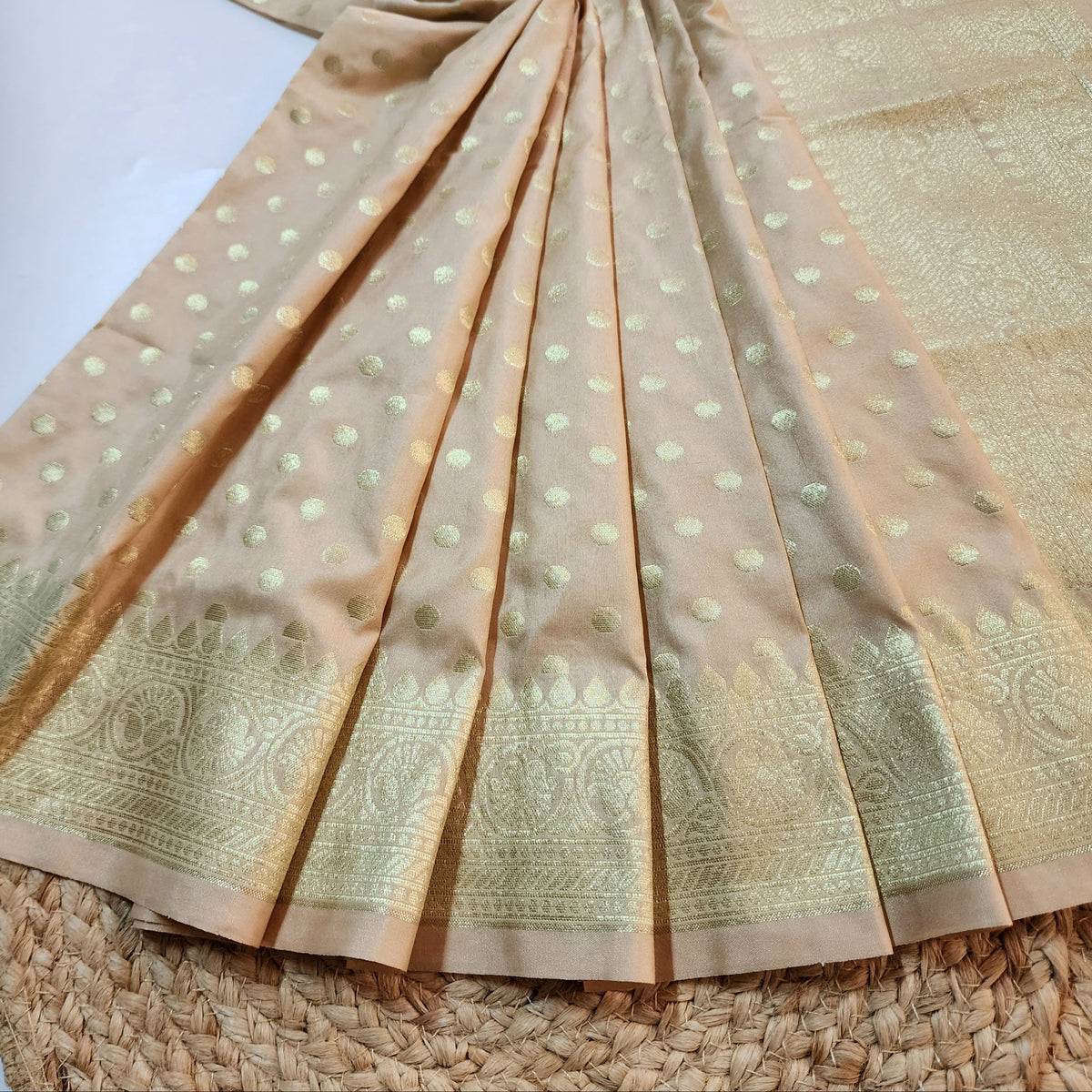 Champagne Beige Banarasi Silk Dupatta with Gold Polka Dot
