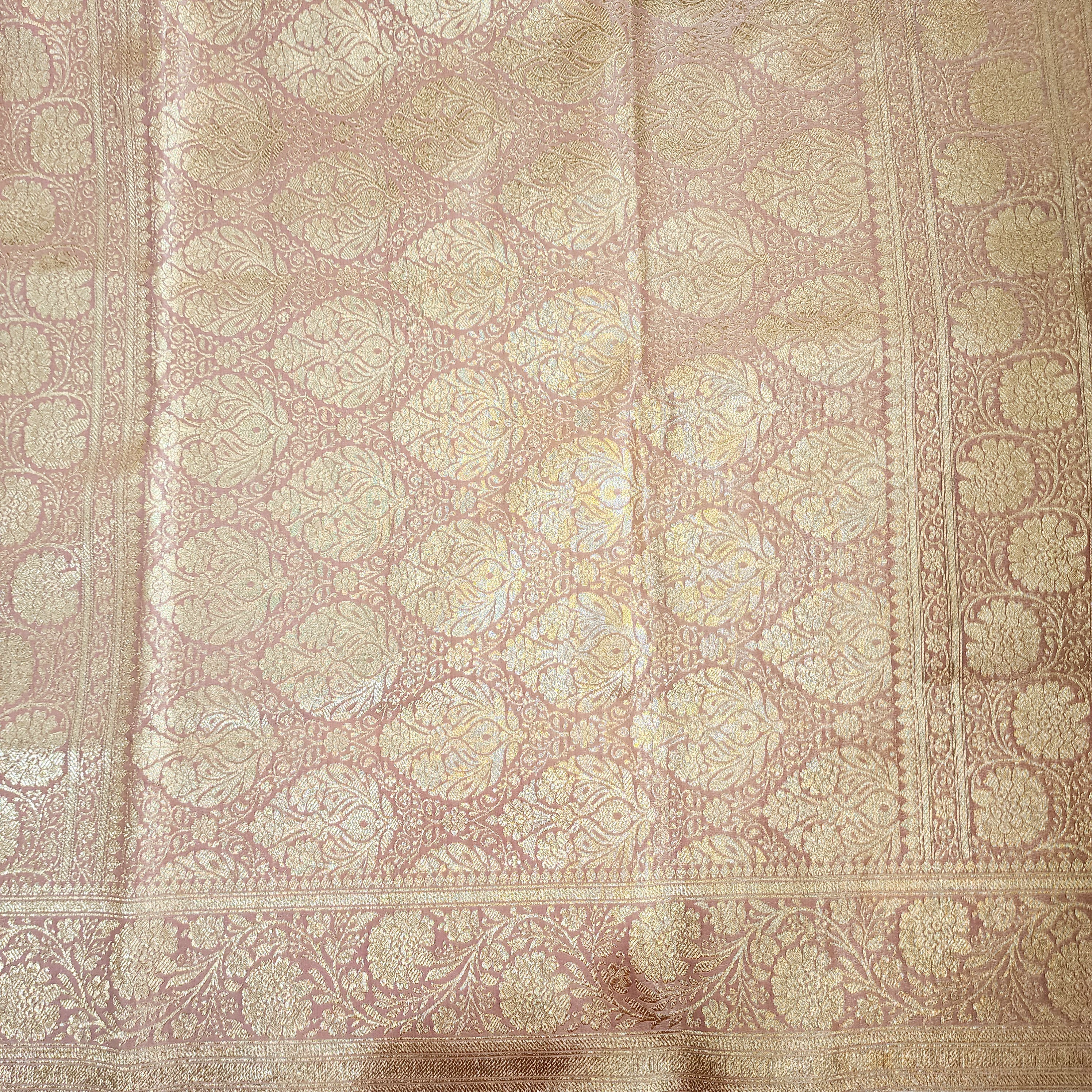 Rich Rose Blush Pink Banarasi Silk Saree with Gold Zari Weaving