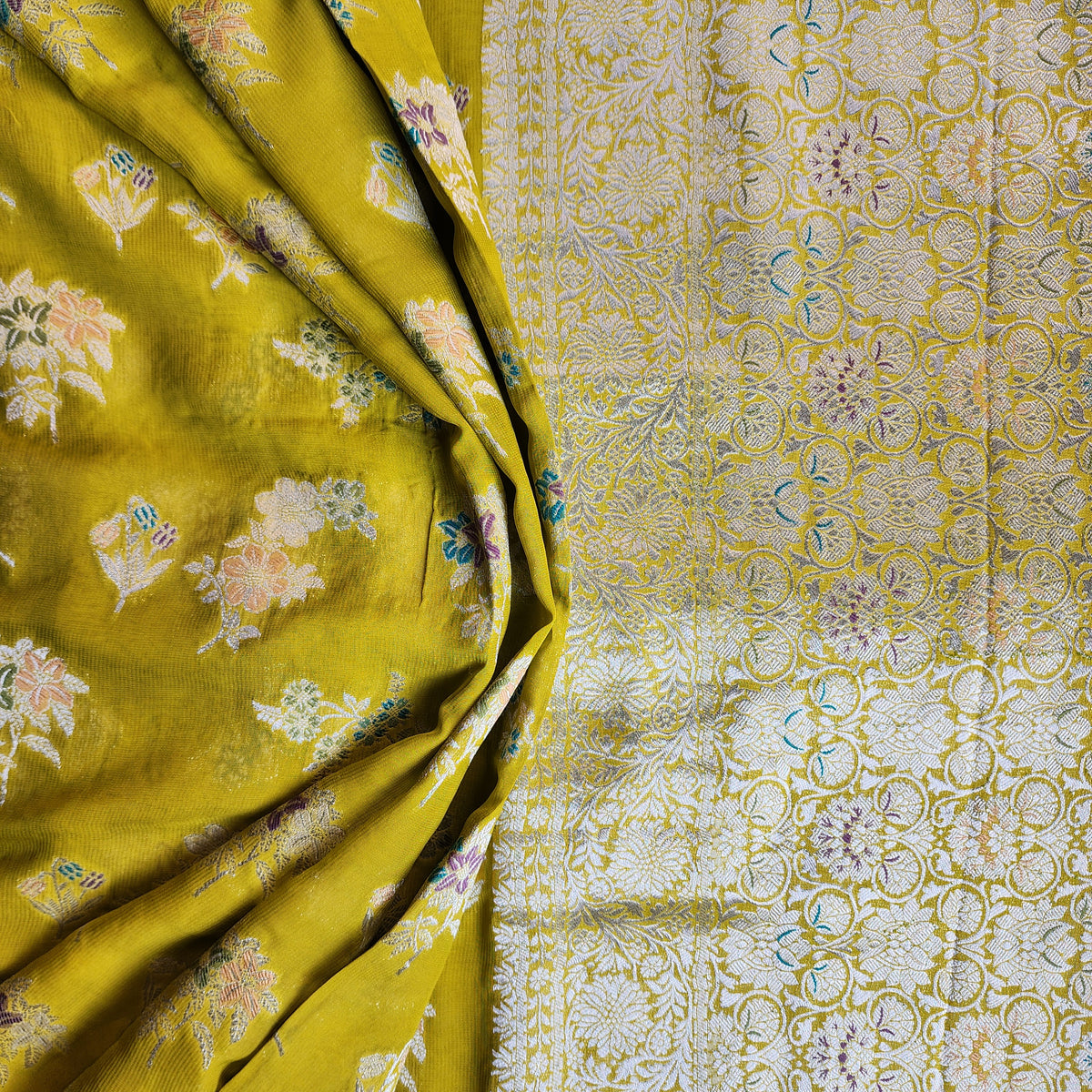 Yellowish Green Muslin Silk Saree with Floral Weave