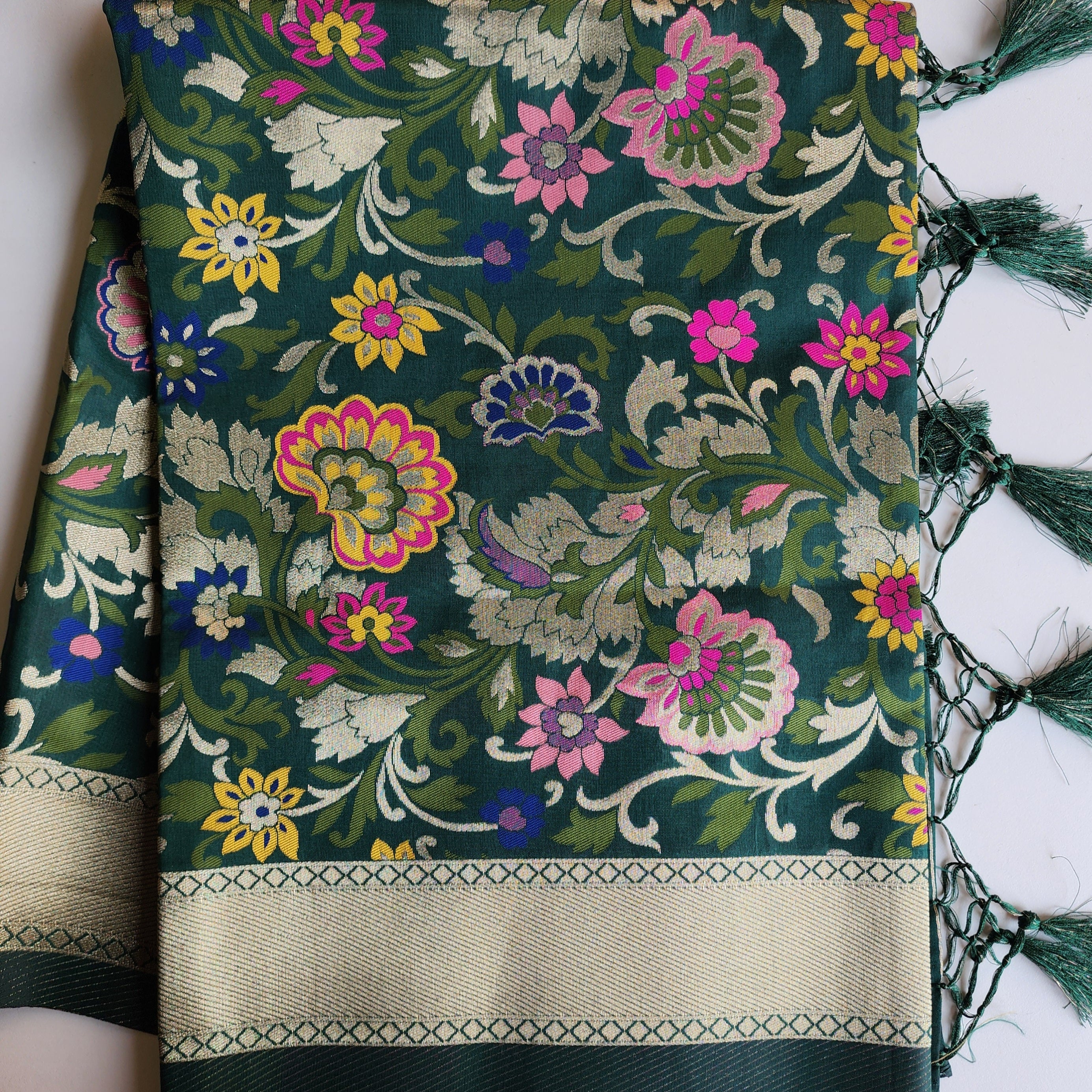Banarasi Silk Bottle Green Dupatta with Multicolor & Gold Floral Handweaving