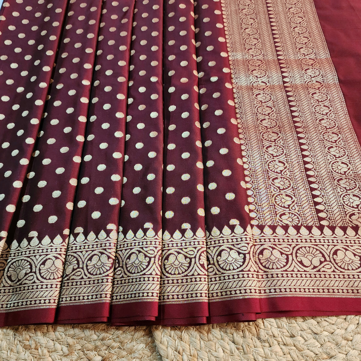 Burgundy Banarasi Silk Dupatta with Gold Polka Dot