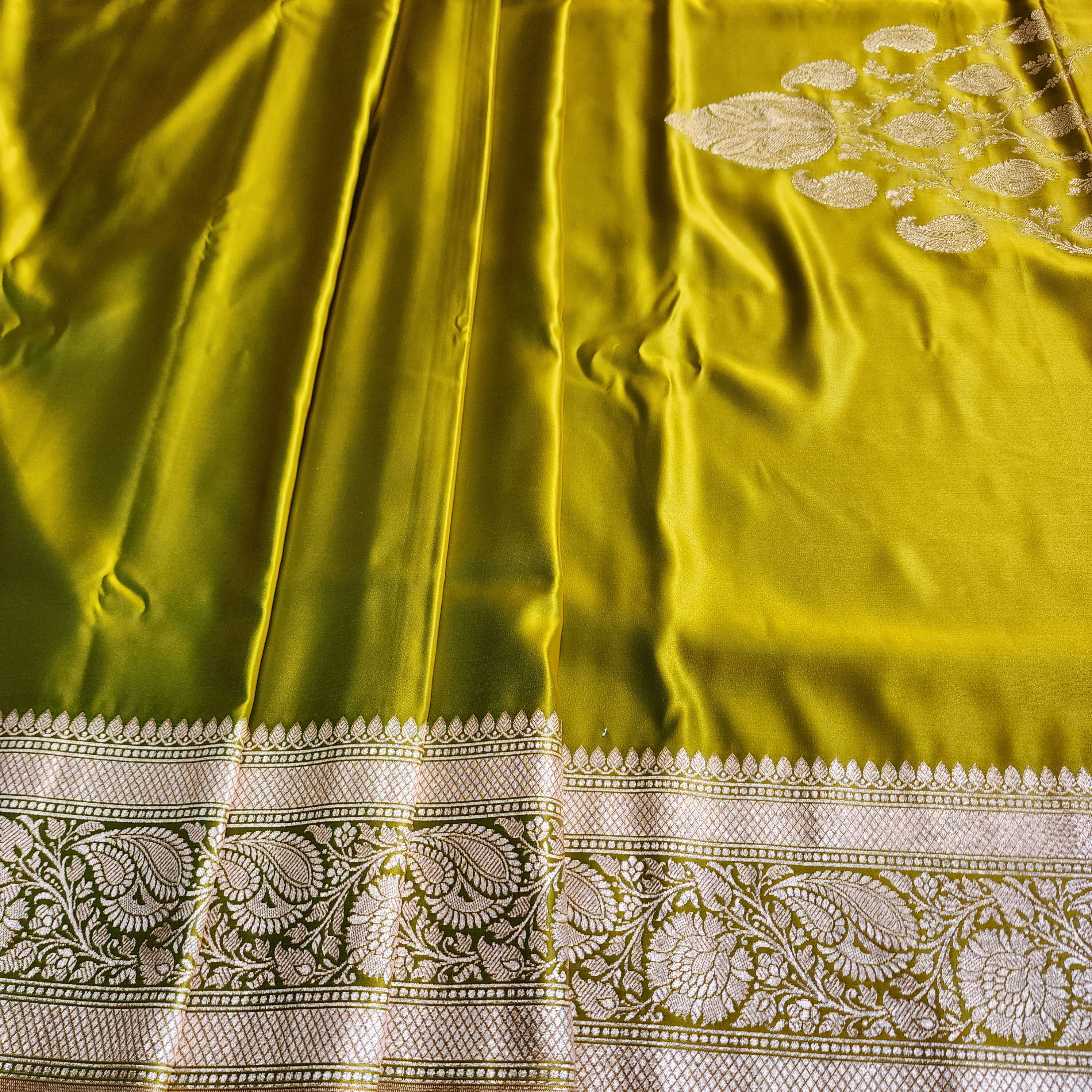 Olive Green Pure Banarasi Katan Silk Saree with light Gold Zari Weaving