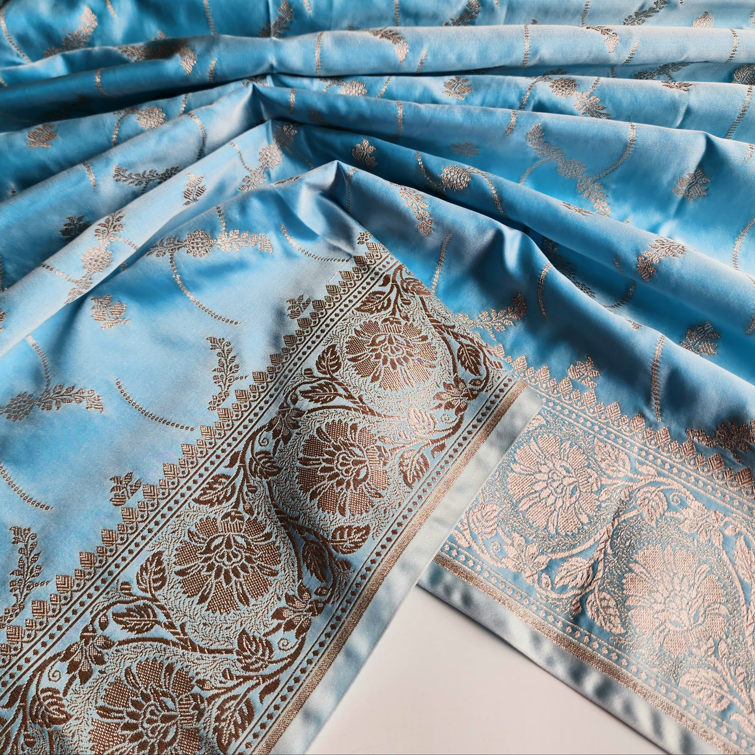 Pastel Blue Banarasi Katan Silk Saree with Light Gold Zari weaving
