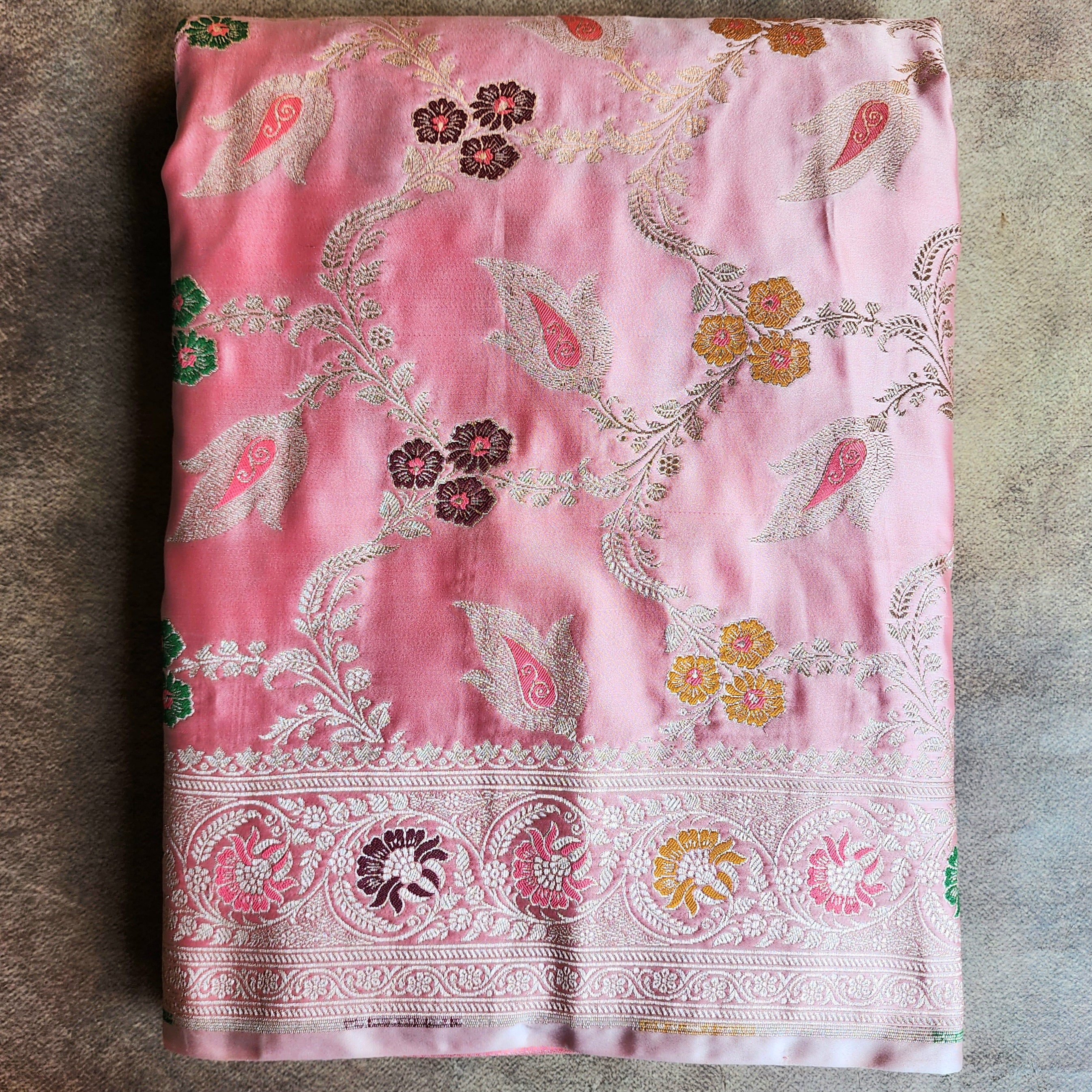 Enriched Blush Pink Banarasi Katan Silk Saree with Multicolor Meenakari Floral Jaal