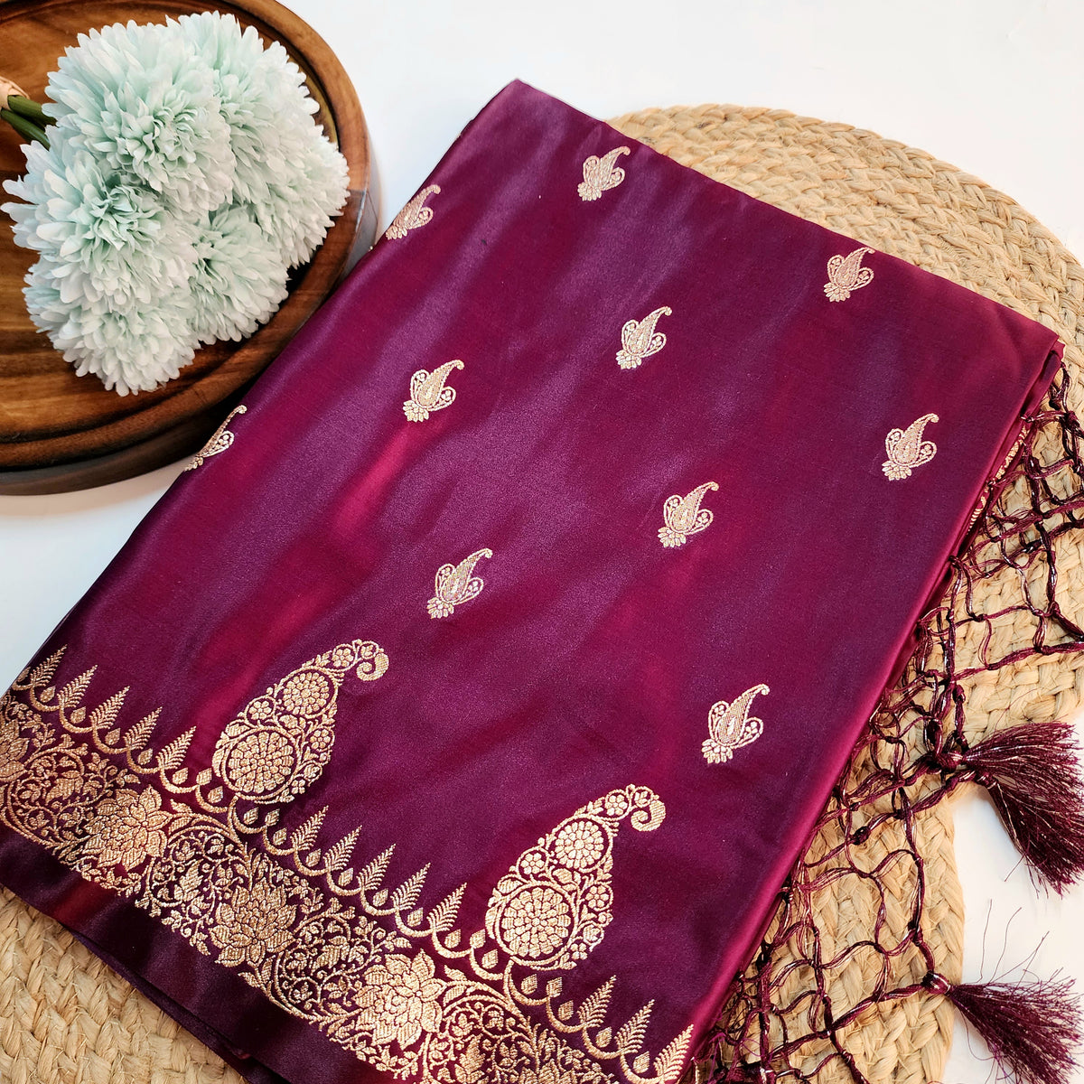 Wine Paisley Katan Silk Saree with Gold Zari