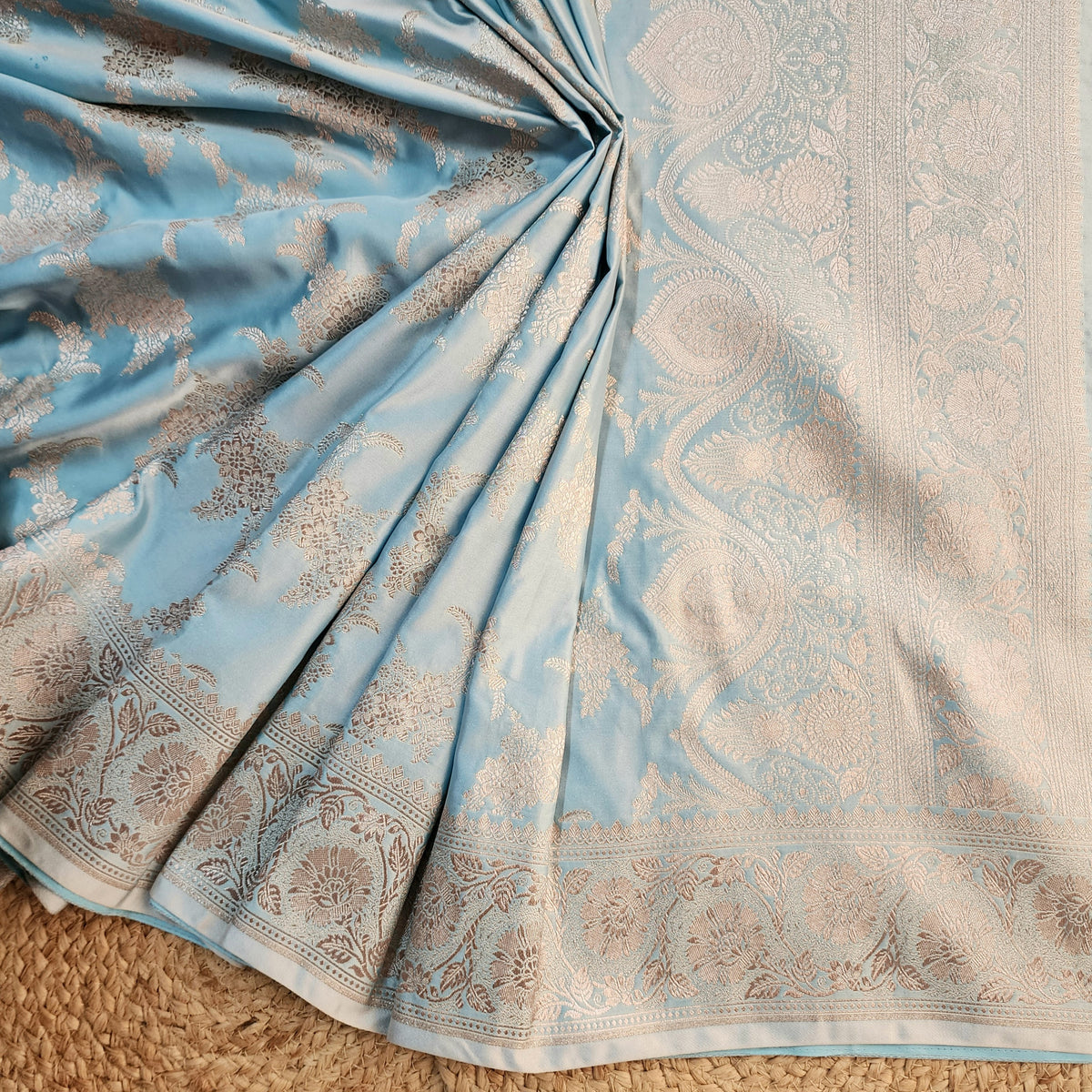 Powder Blue Banarasi Katan Silk Saree with Floral Vine Jaal
