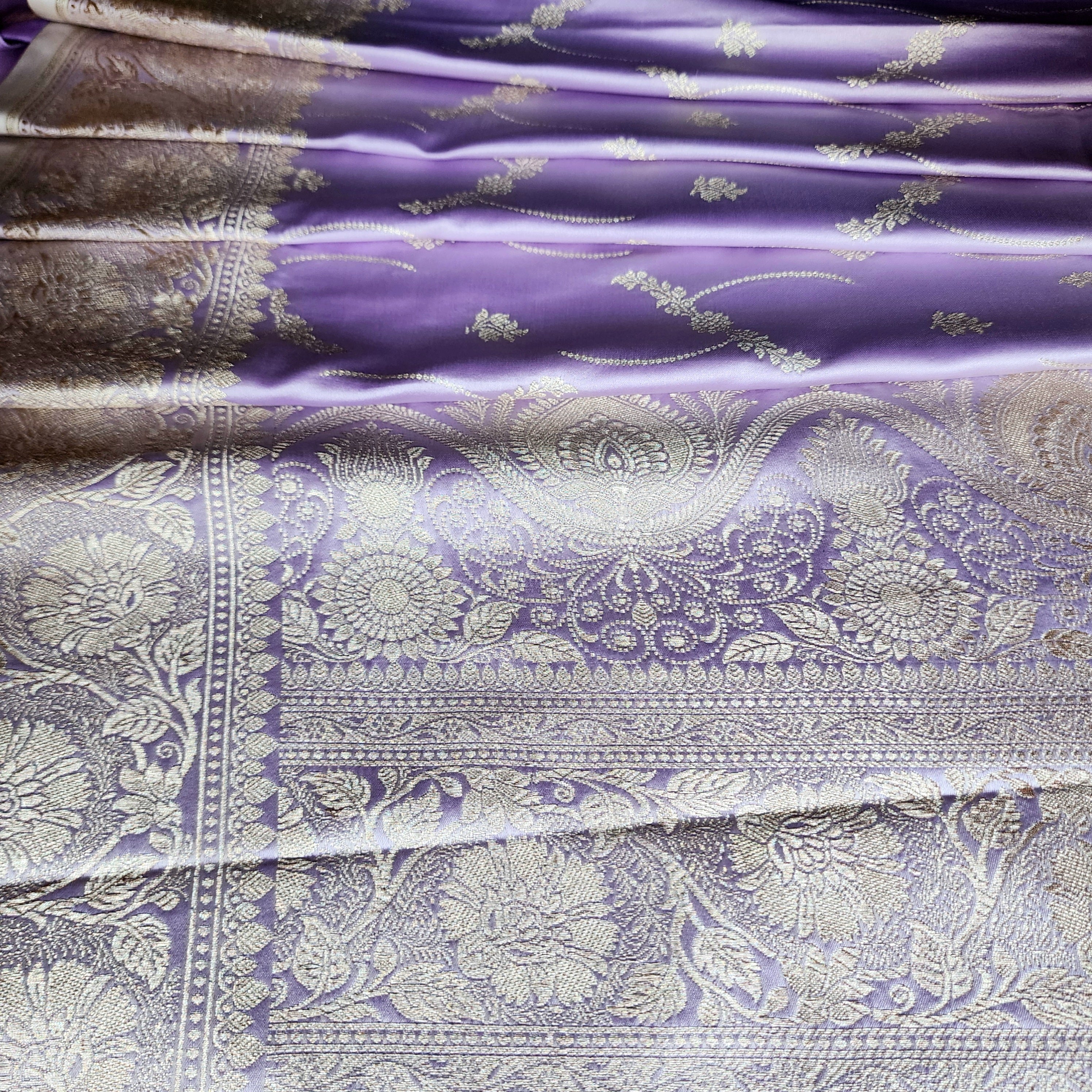 Pastel Lavender Grey Banarasi Katan Silk Saree with Light Gold Zari weaving