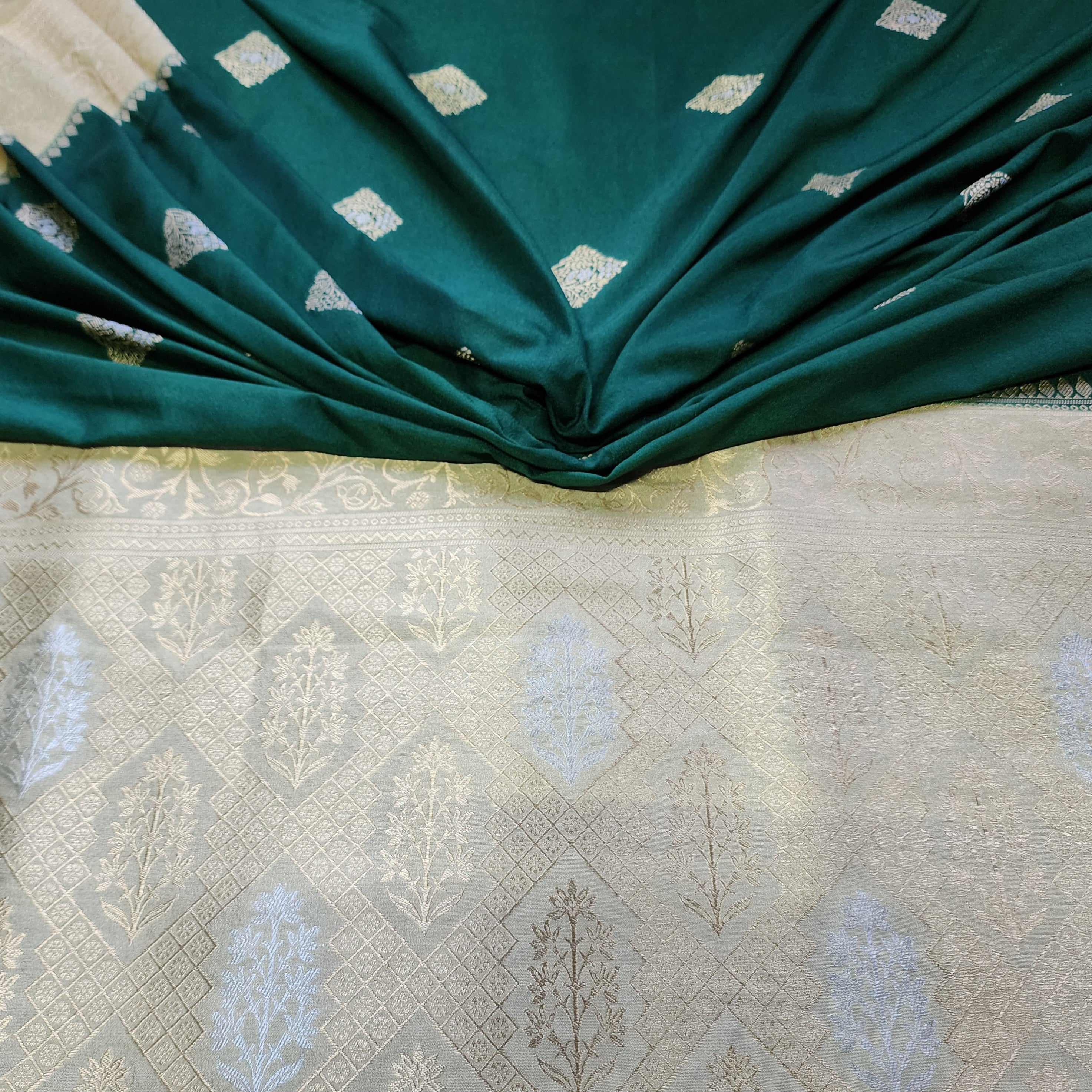 Bottle Green Crepe Georgette Silk Saree with Soft Champagne Gold Zari Border