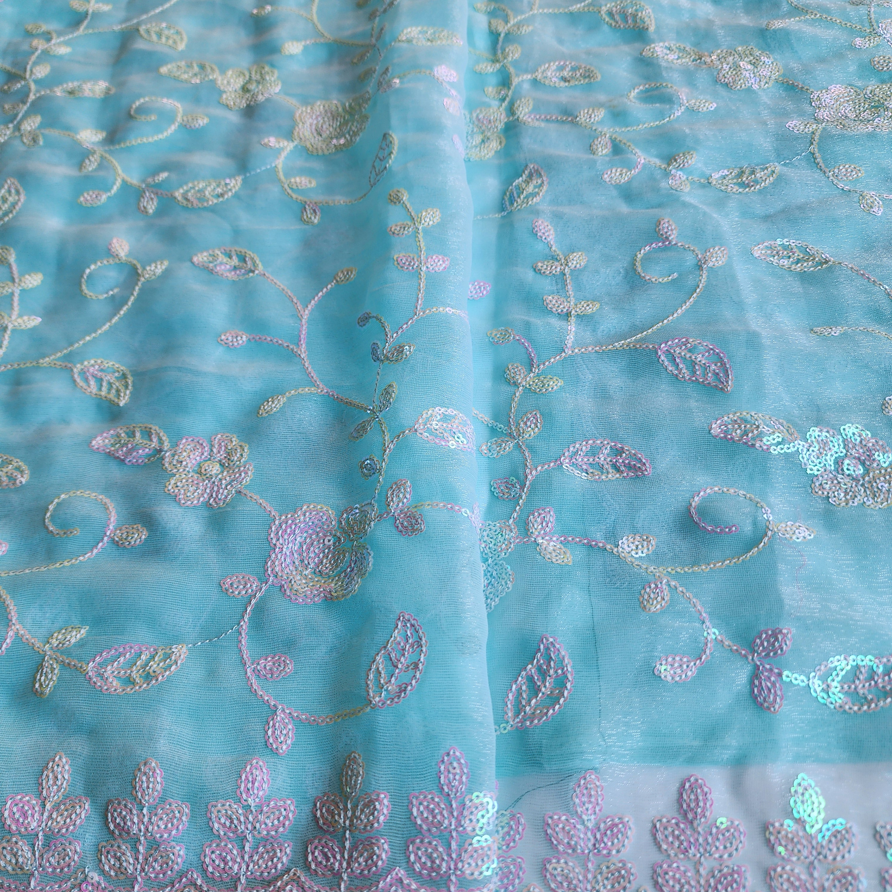 Georgette Designer Sequinned Saree - Mint Aqua