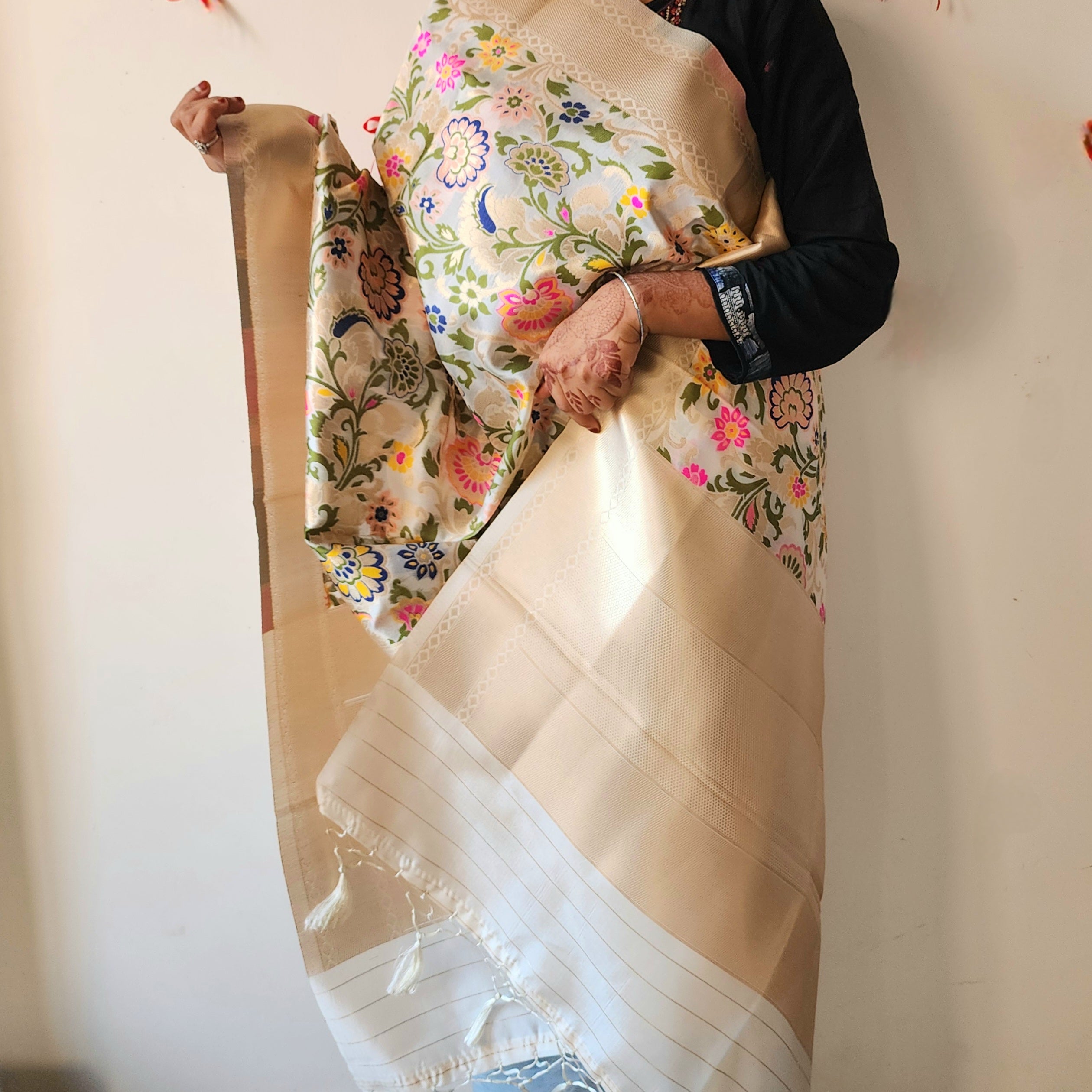 Banarasi Silk Off-White Dupatta with Multicolor & Gold Floral Handweaving
