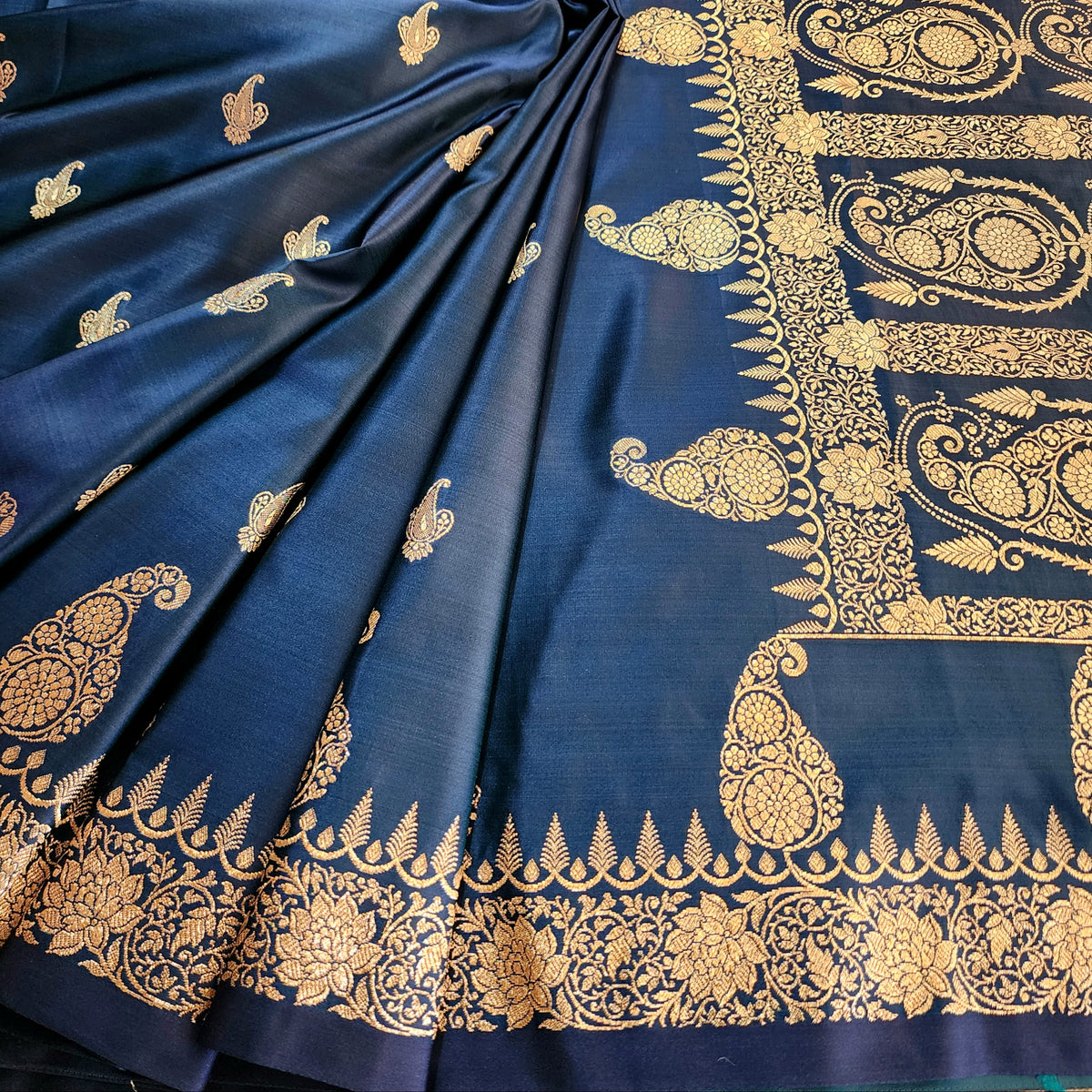 Midnight Blue Paisley Katan Silk Saree with Gold Zari