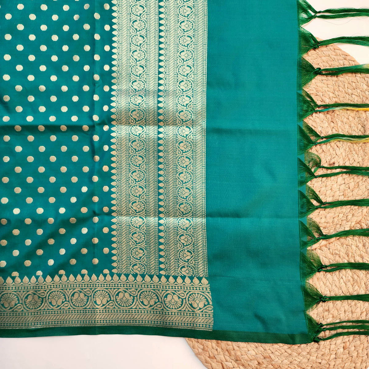 Teal Green Banarasi Silk Dupatta with Gold Polka Dot