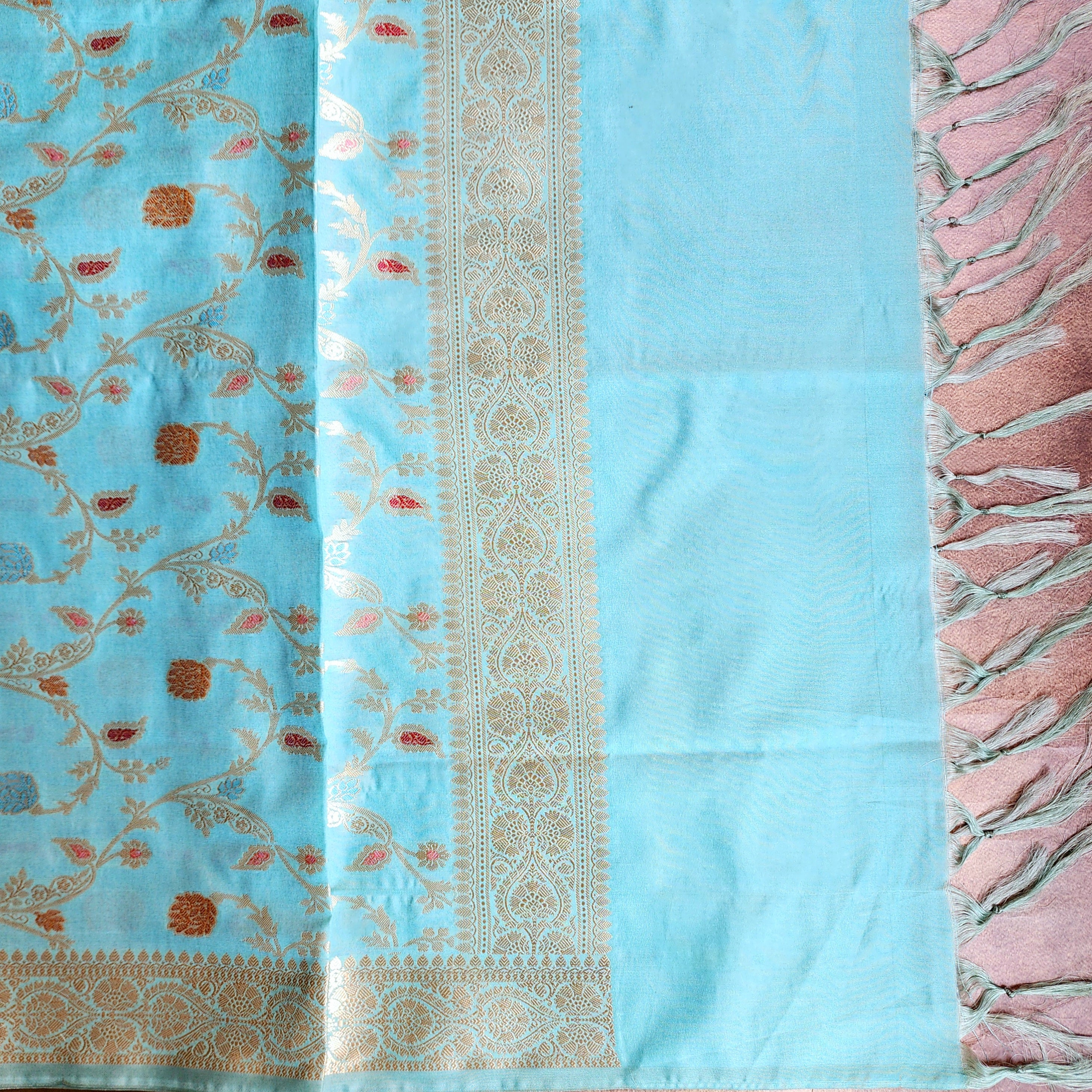 Pastel Sky Blue Banarasi Silk Dupatta with Gold Zari Border & Multicolor Meenakari Work