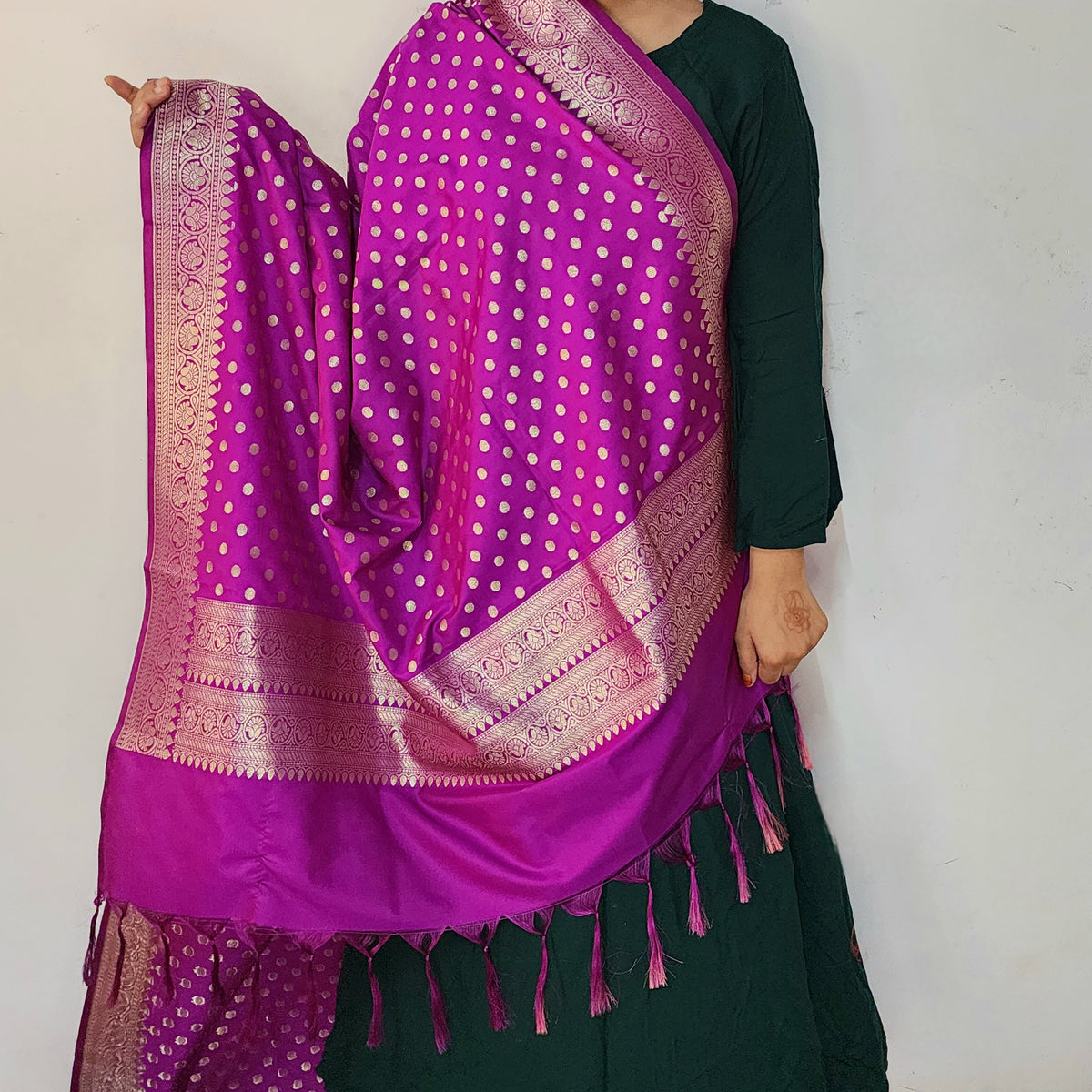 Magenta Purple Banarasi Silk Dupatta with Gold Polka Dot