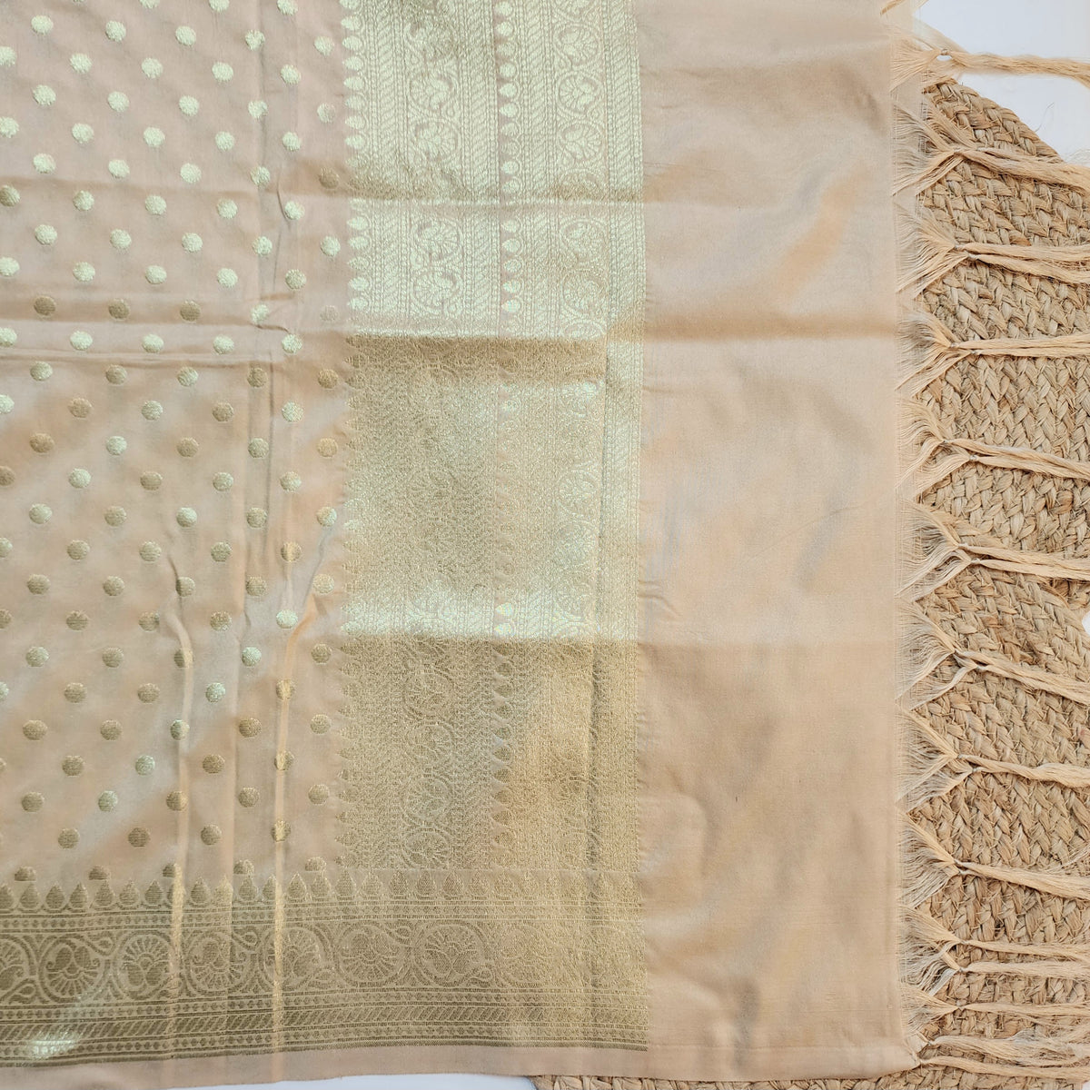 Champagne Beige Banarasi Silk Dupatta with Gold Polka Dot