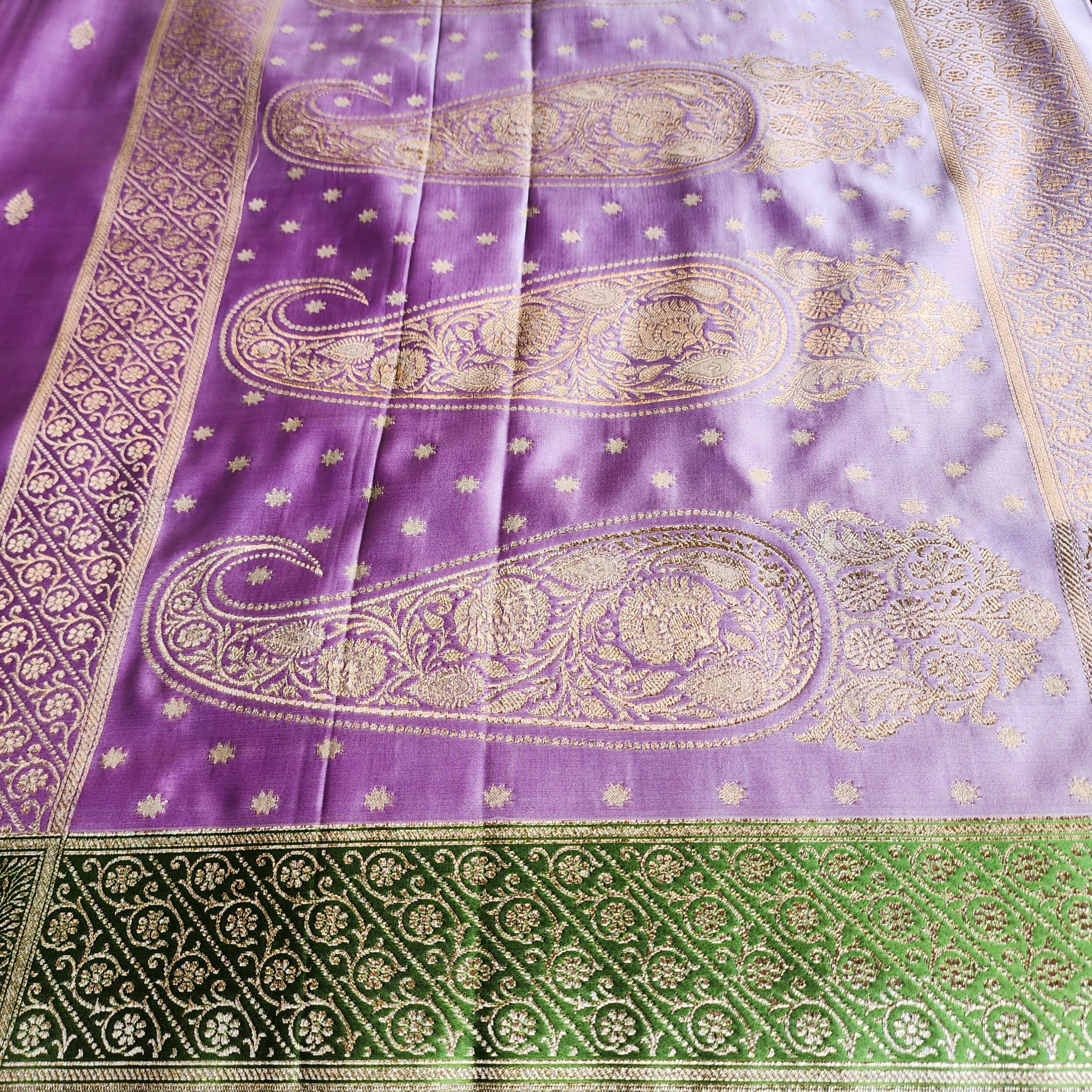 Lavender Katan Silk Saree with Parrot Green Gold Zari Border