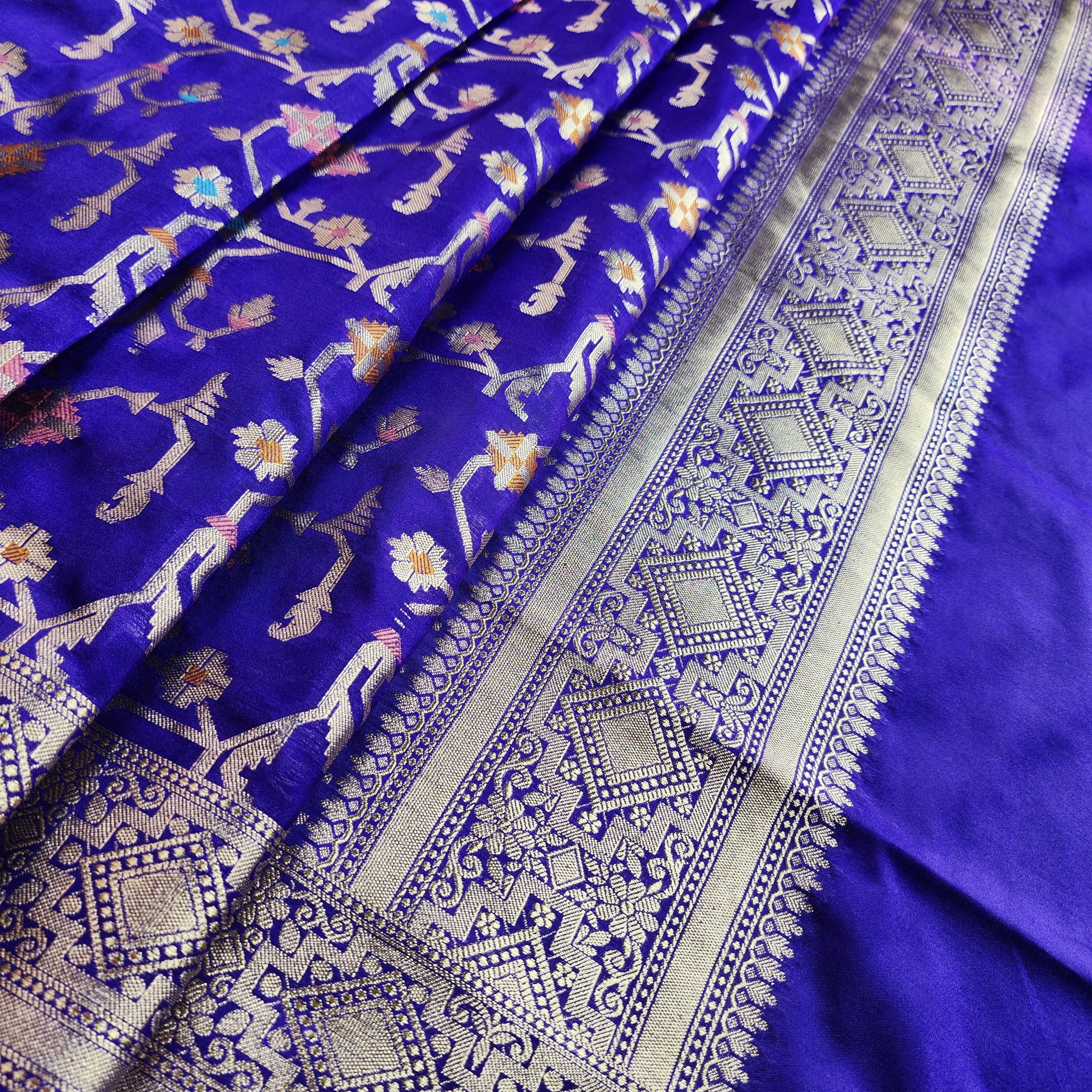 Golden Grid Banarasi Silk Dupatta with Meenakari Work in Electric Blue